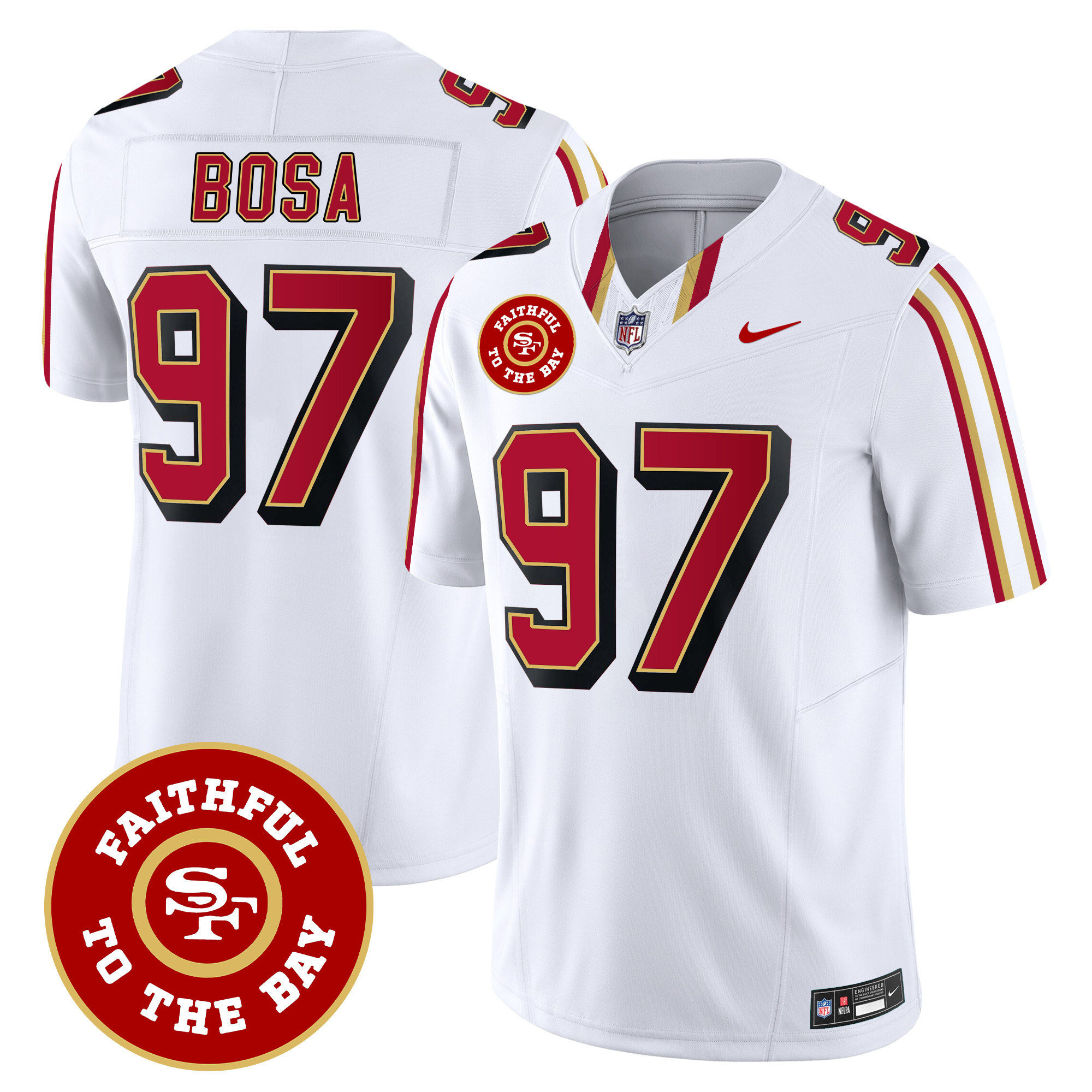 Men's Nick Bosa San Francisco 49ers Faithful To The Bay Patch Vapor Limited White Jersey V9 - All Stitched