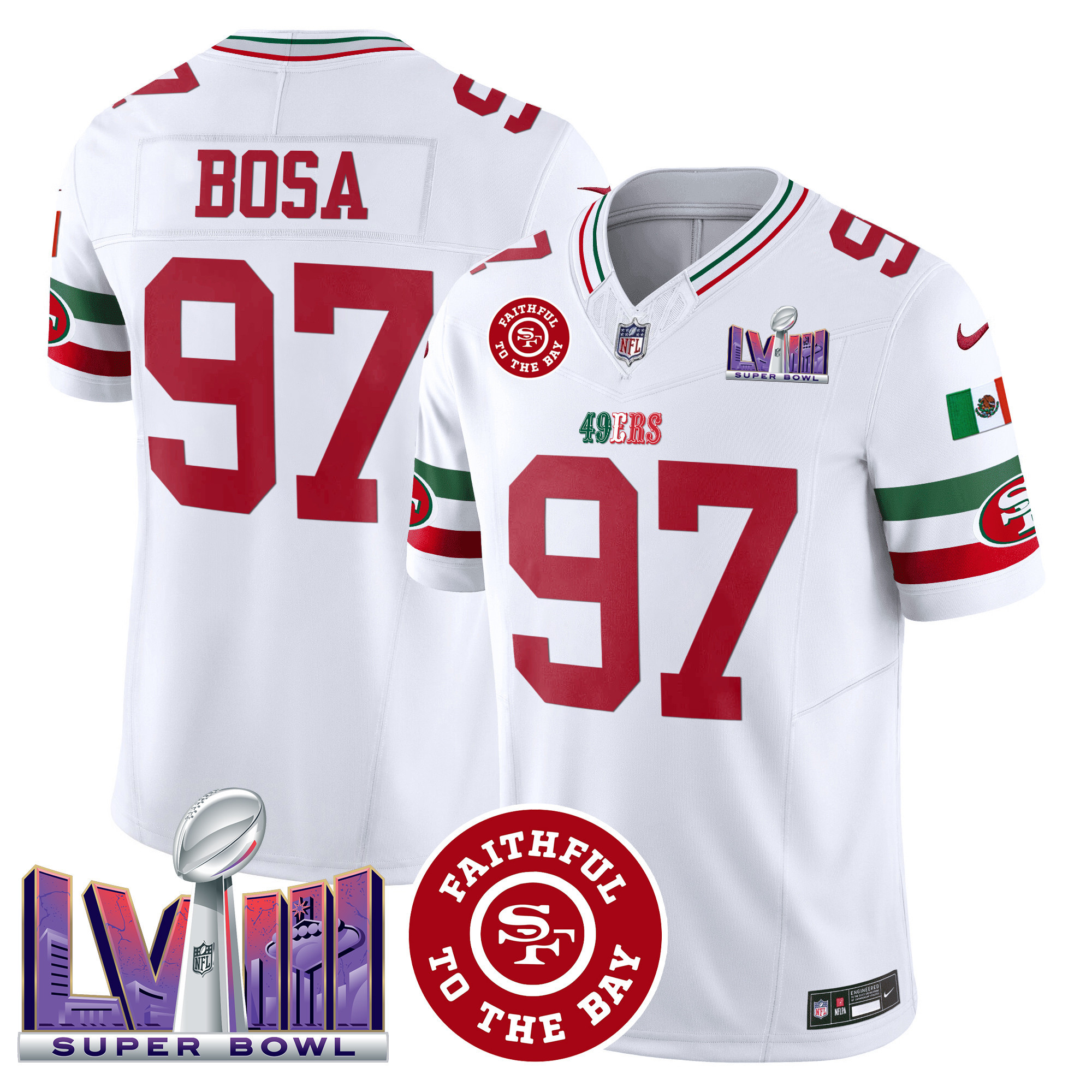 Men's Nick Bosa San Francisco 49ers Mexico Faithful & Super Bowl LVIII Patch Vapor White Jersey - All Stitched