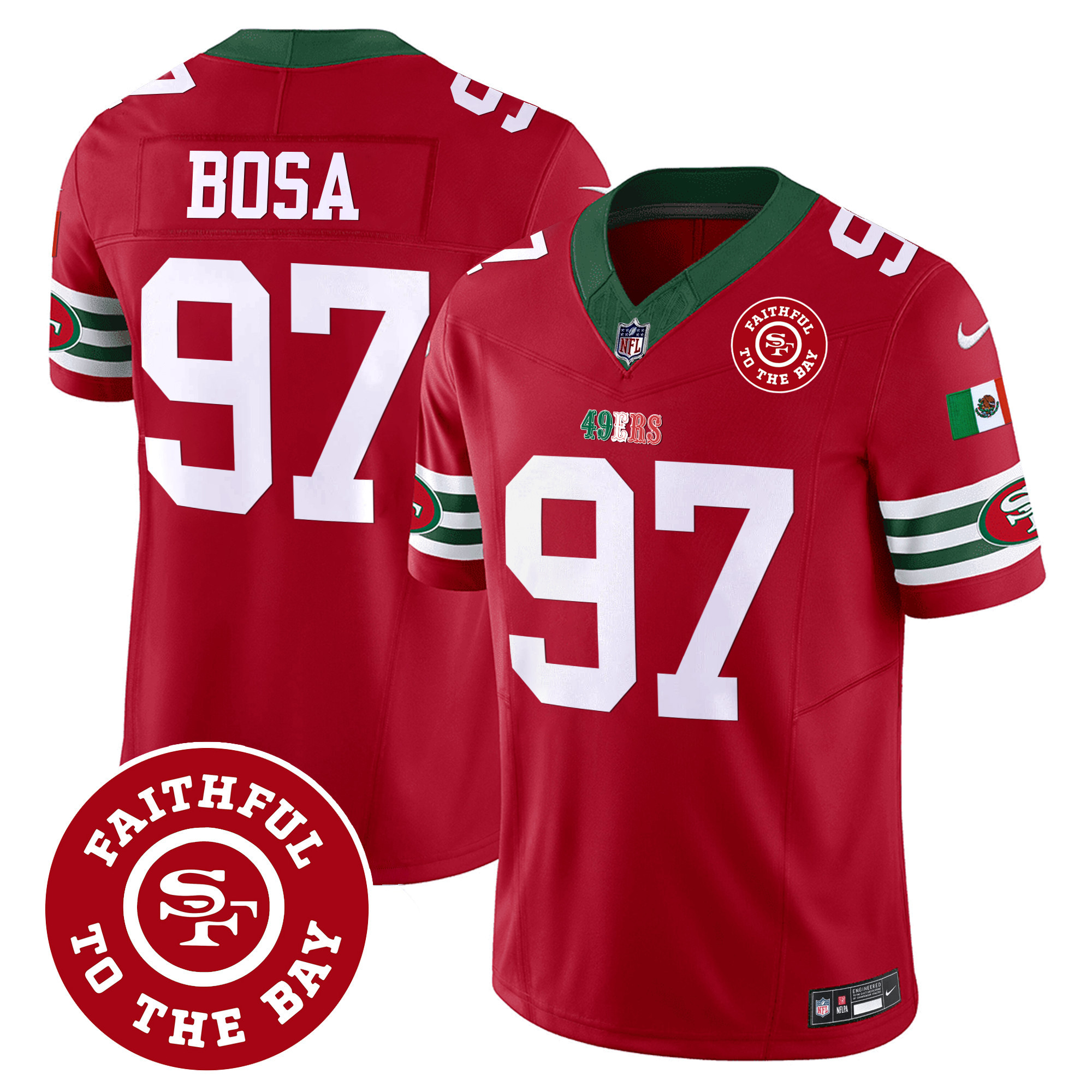 Men's Nick Bosa San Francisco 49ers Mexico Faithful To The Bay Patch Vapor Red Jersey - All Stitched