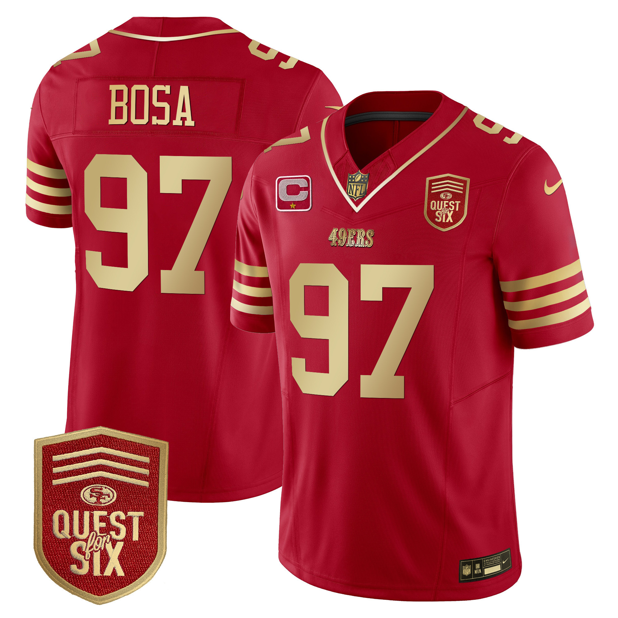 Men's Nick Bosa San Francisco 49ers Quest For Six Patch Vapor Limited Scarlet Gold Jersey - All Stitched