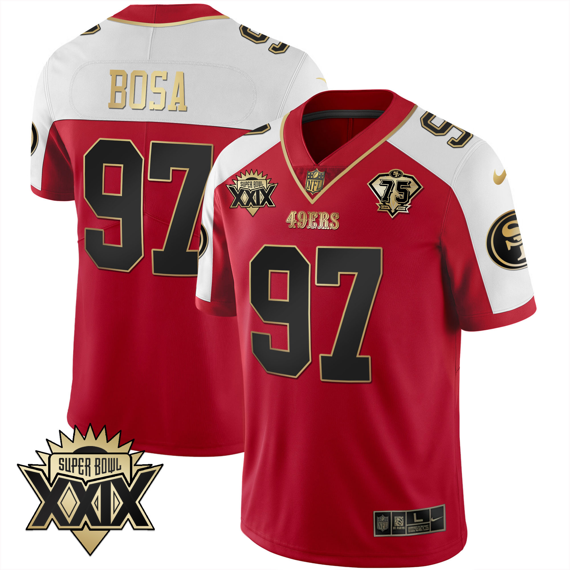 Men's Nick Bosa San Francisco 49ers Super Bowl XXIX Patch Black Red Gold Red Alternate Jersey - All Stitched