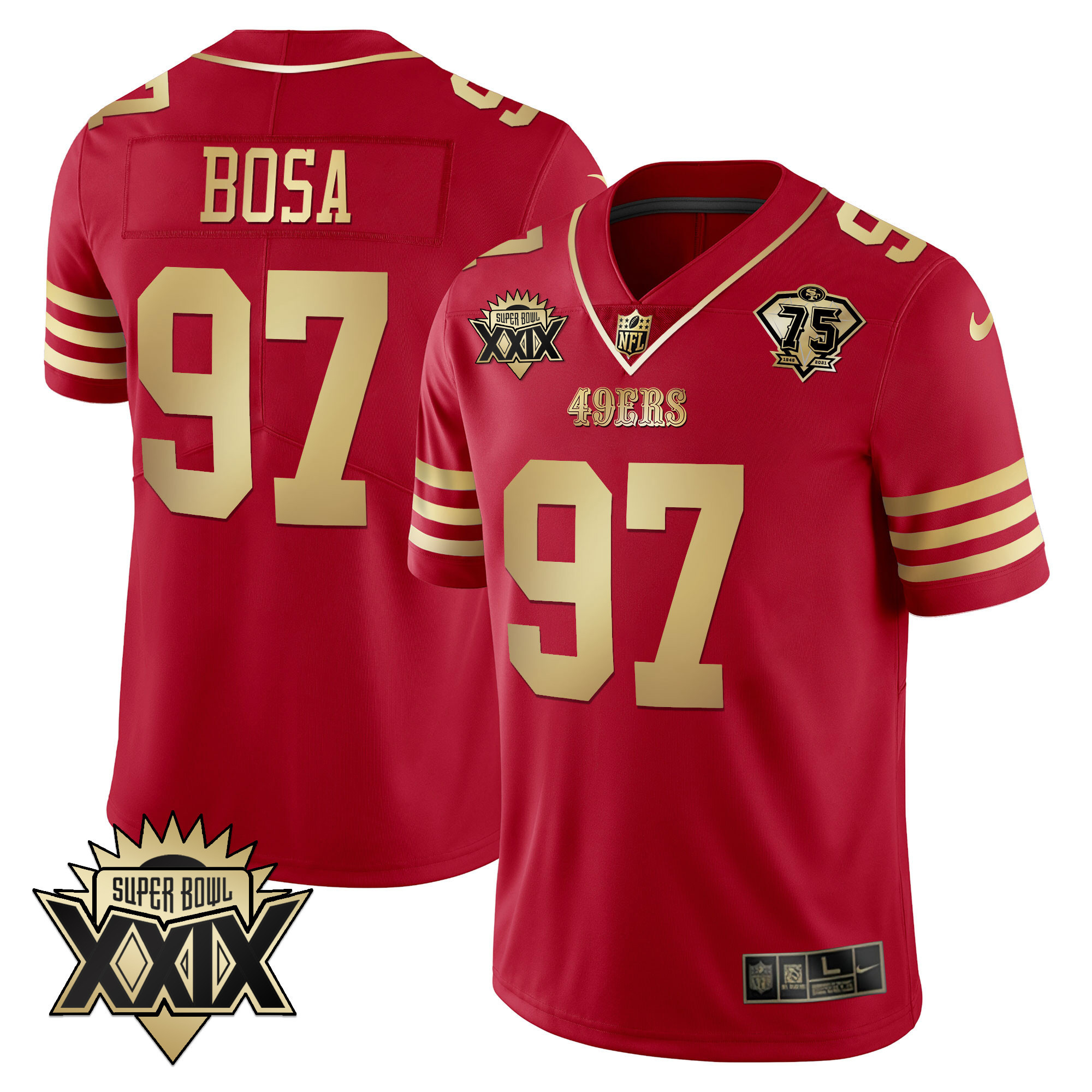 Men's Nick Bosa San Francisco 49ers Super Bowl XXIX Patch Black Red Gold Red Gold Jersey - All Stitched