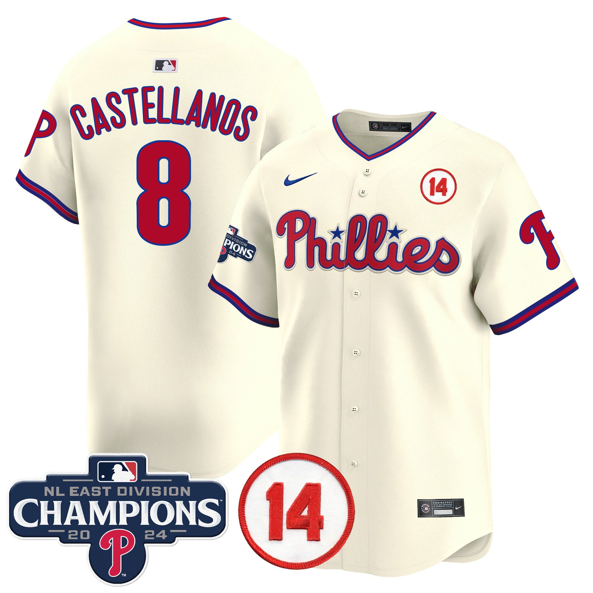 Men's Nick Castellanos Philadelphia Phillies 2024 NL East Division Champions & Pete Rose Patch Vapor Premier Limited Cream Jersey - All Stitched