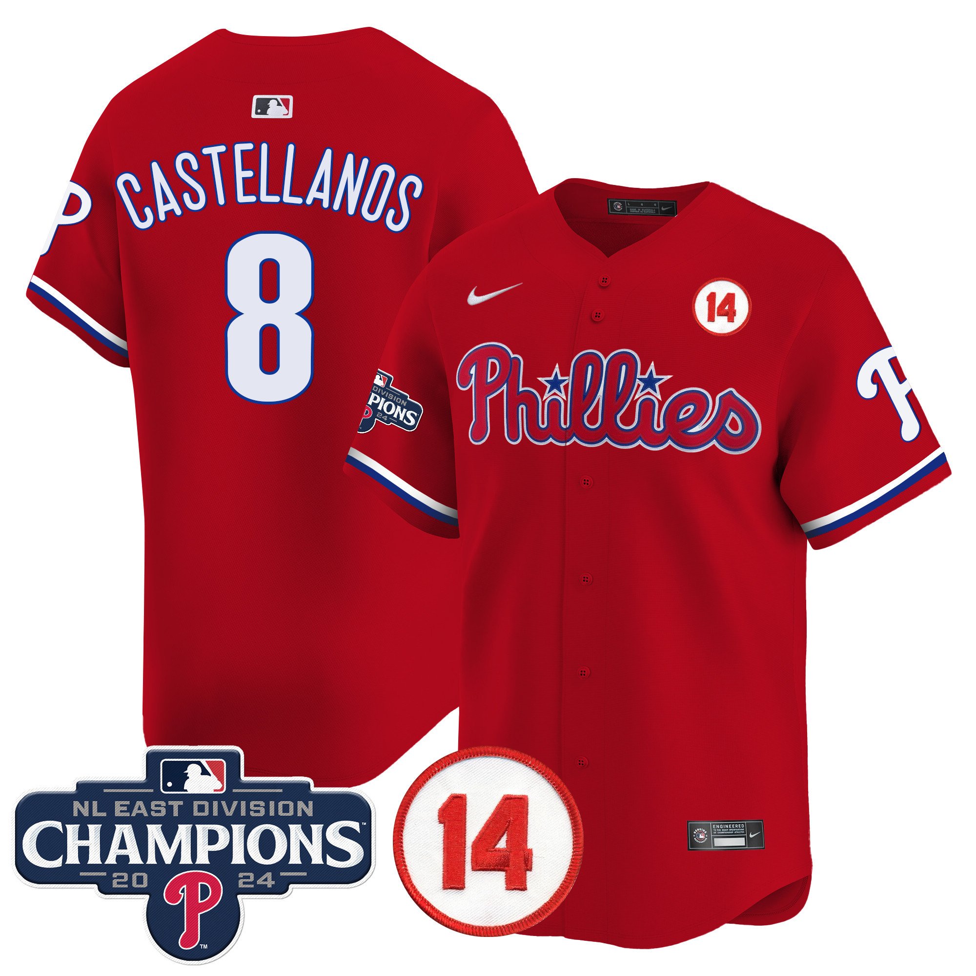 Men's Nick Castellanos Philadelphia Phillies 2024 NL East Division Champions & Pete Rose Patch Vapor Premier Limited Red Jersey - All Stitched