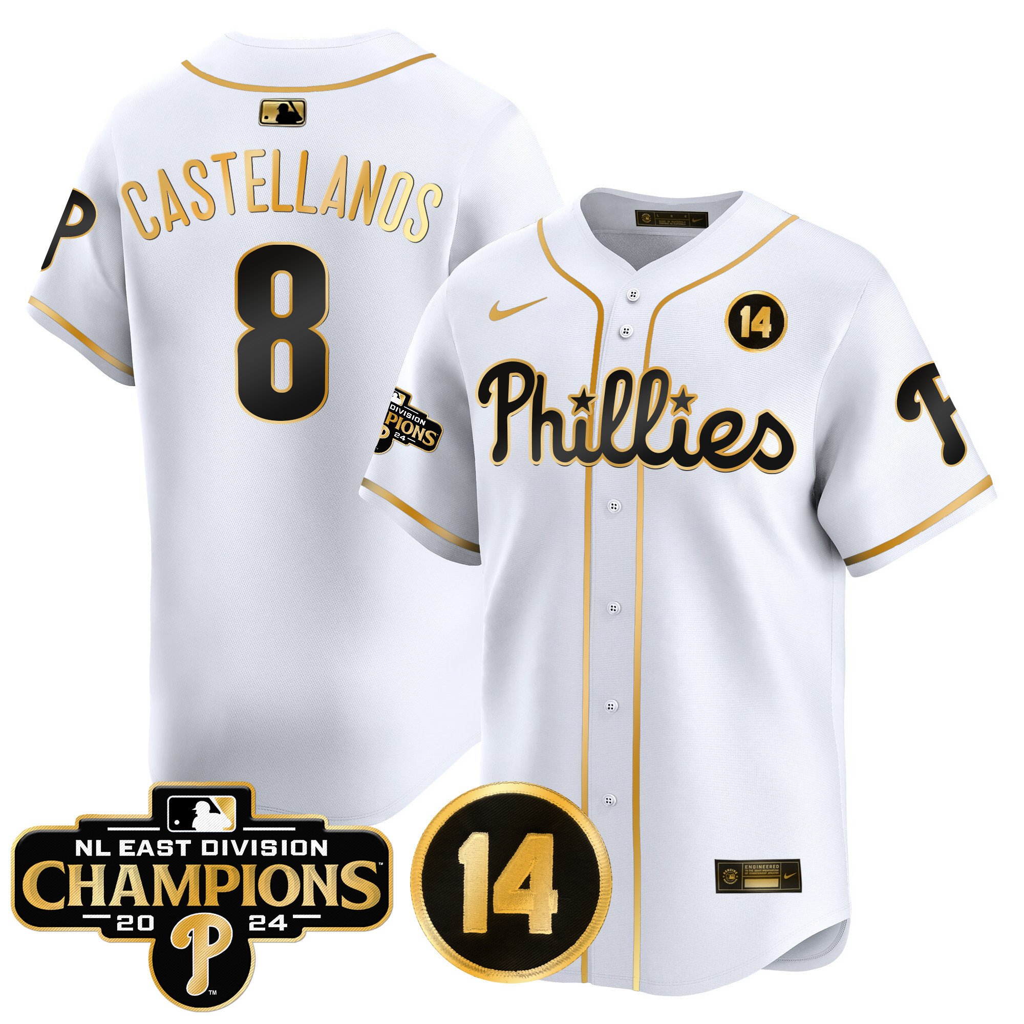 Men's Nick Castellanos Philadelphia Phillies 2024 NL East Division Champions & Pete Rose Patch Vapor Premier Limited White Gold Jersey - All Stitched
