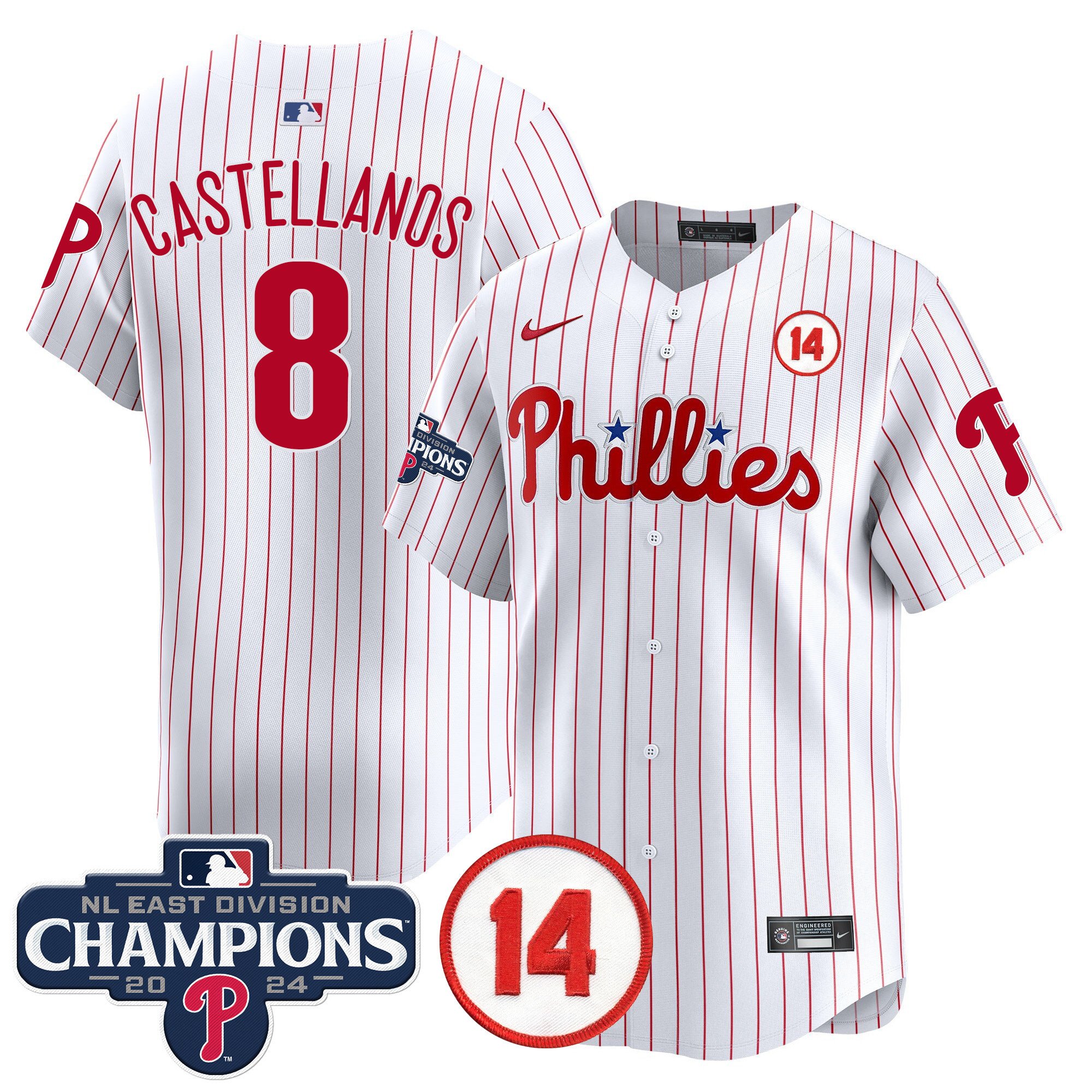 Men's Nick Castellanos Philadelphia Phillies 2024 NL East Division Champions & Pete Rose Patch Vapor Premier Limited White Jersey - All Stitched