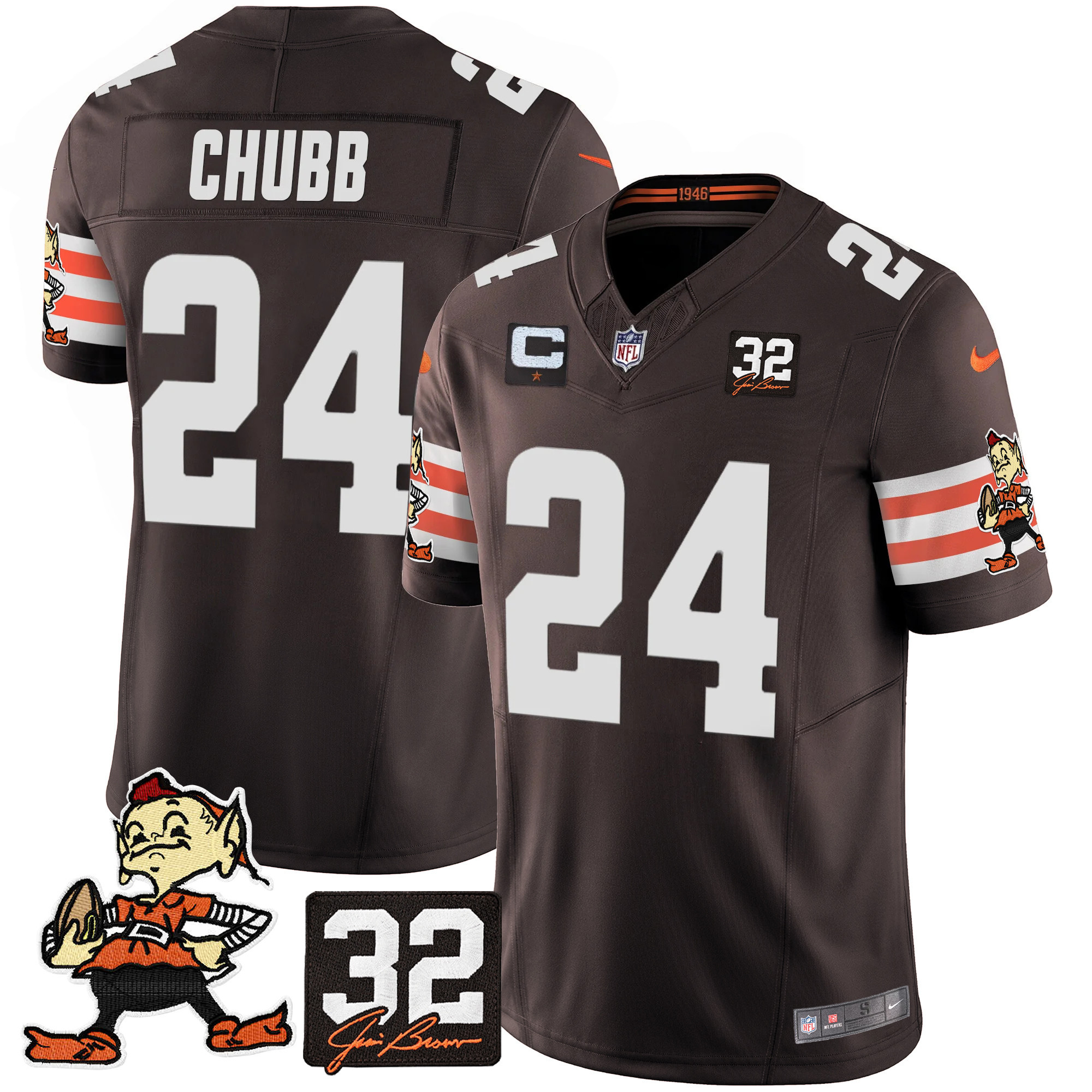 Men's Nick Chubb Cleveland Browns #32 Jim Brown Memorial Patch Vapor Limited Brown Jersey V2 - All Stitched
