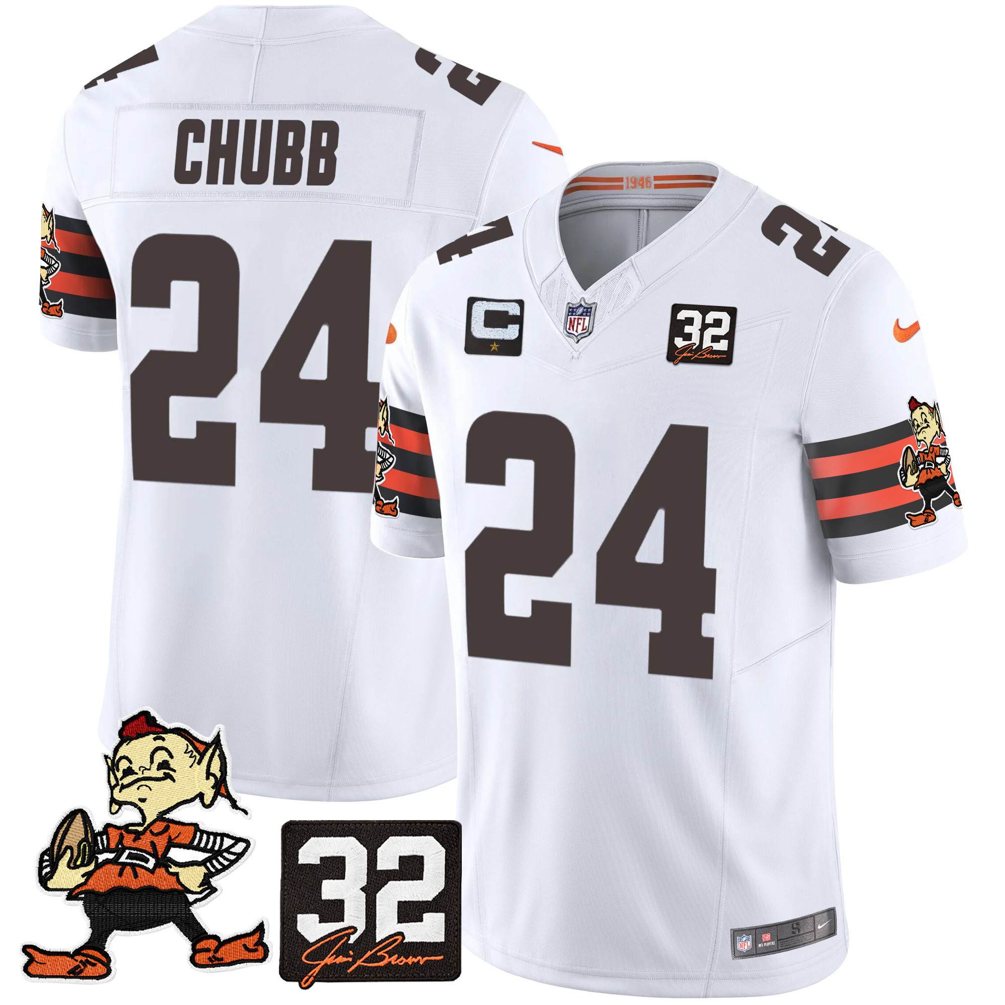 Men's Nick Chubb Cleveland Browns #32 Jim Brown Memorial Patch Vapor Limited White Jersey V2 - All Stitched