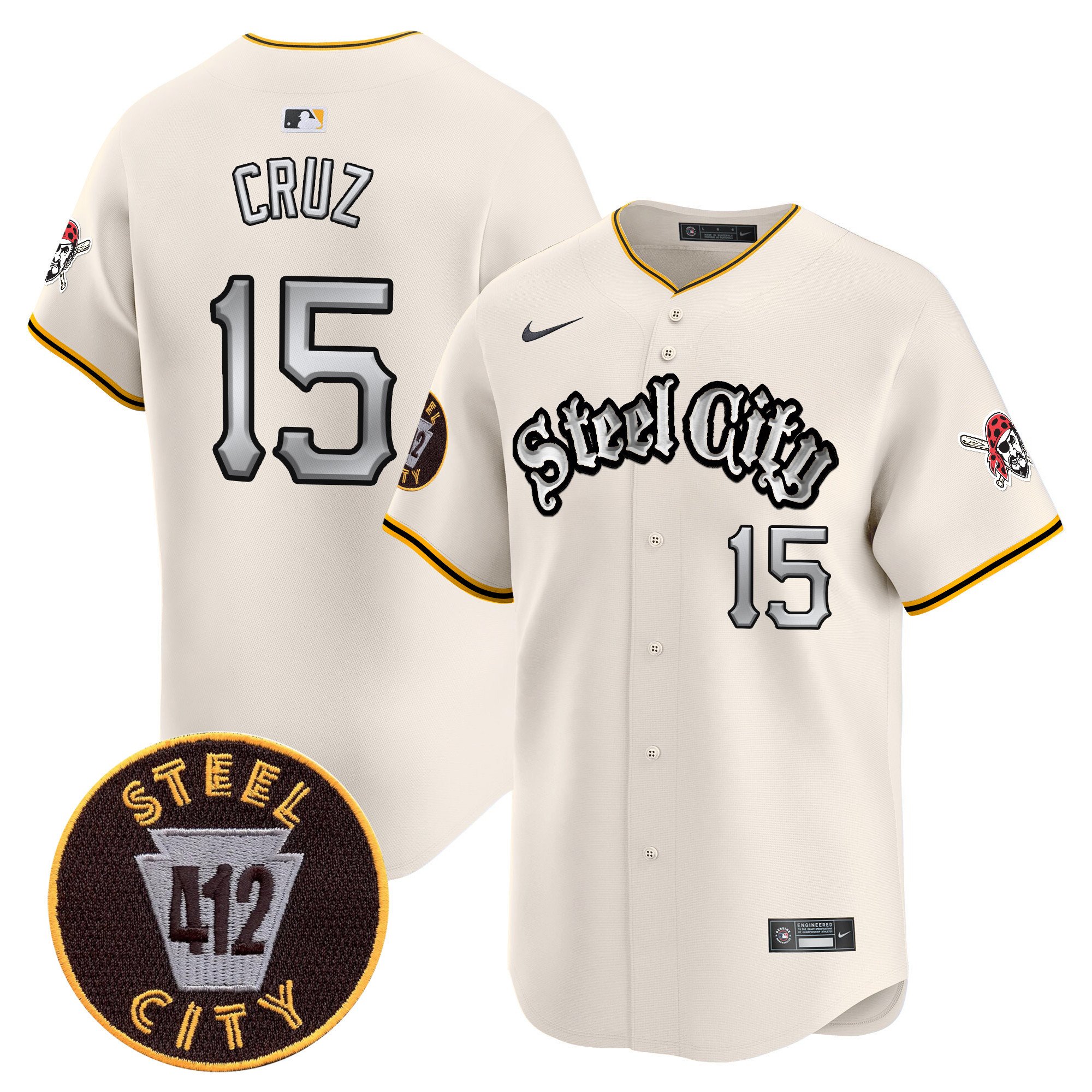 Men's Oneil Cruz Pittsburgh Pirates 412 Patch Vapor Premier Limited Cream Jersey V2 - All Stitched