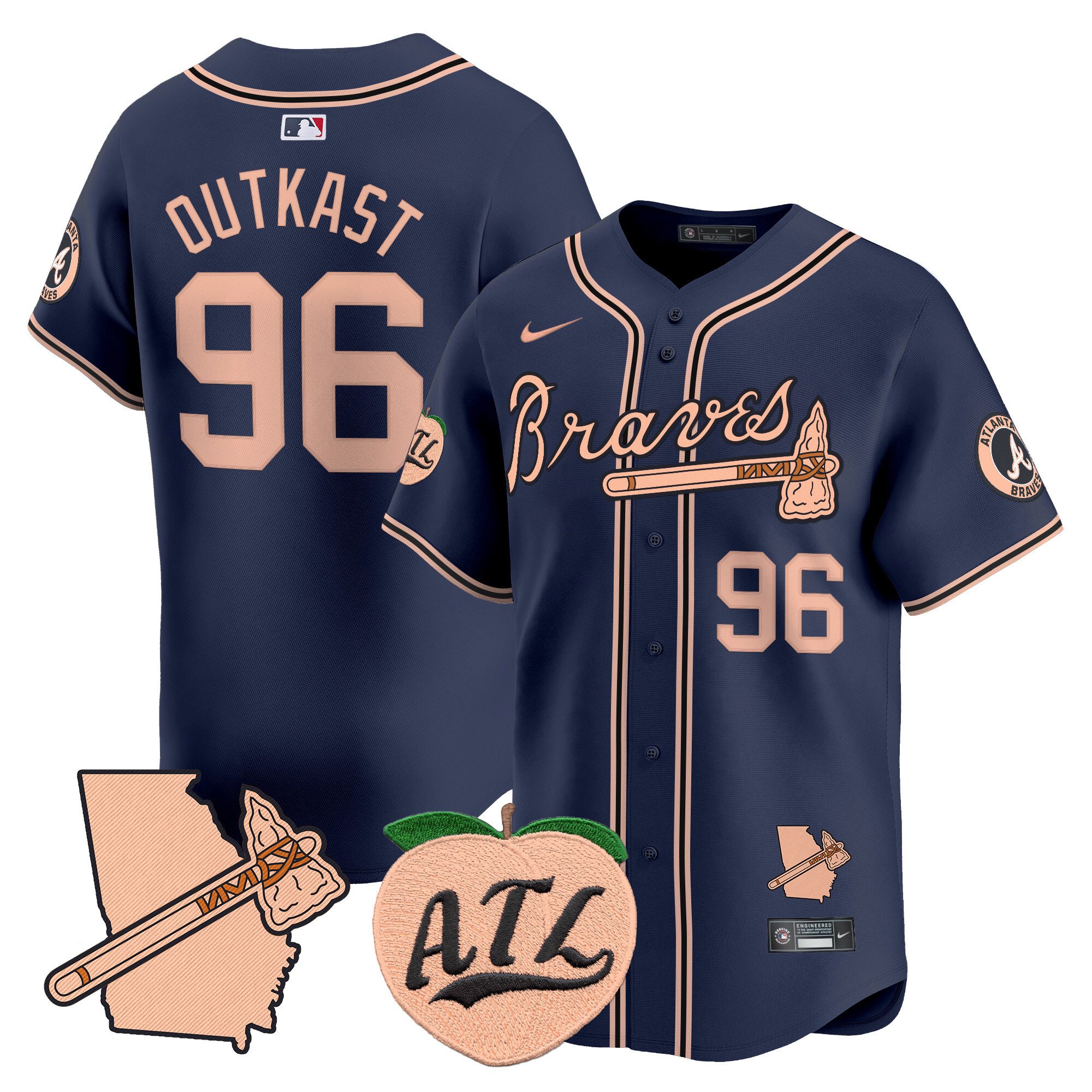 Men's Outkast Atlanta Braves Peach Vapor Premier Limited Navy Jersey - All Stitched