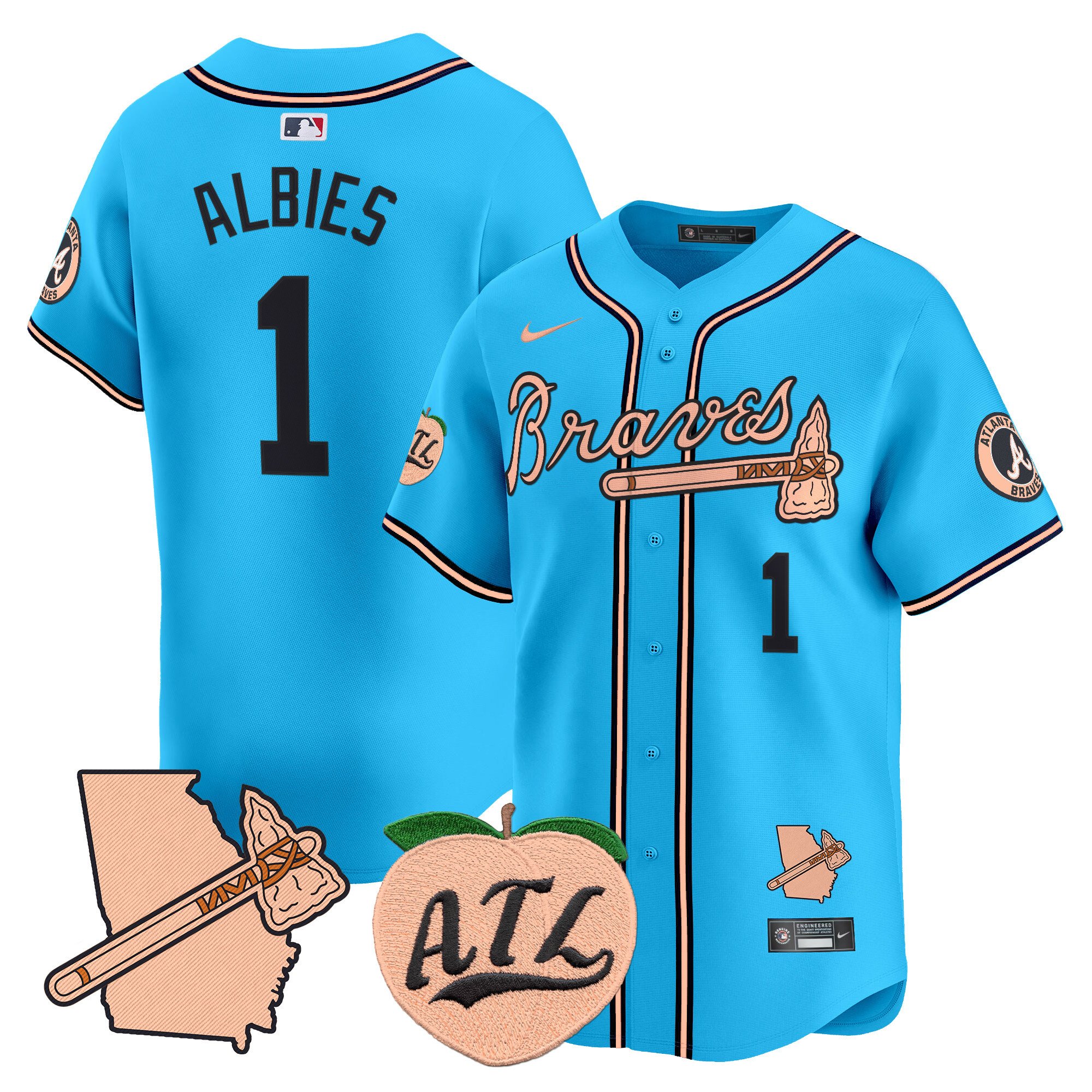 Men's Ozzie Albies Atlanta Braves Peach Vapor Premier Limited Light Blue Jersey - All Stitched