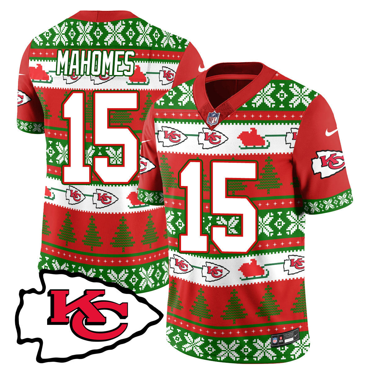 Men's Patrick Mahomes Kansas City Chiefs 2024 Christmas Vapor Limited Red Green Jersey - Printed