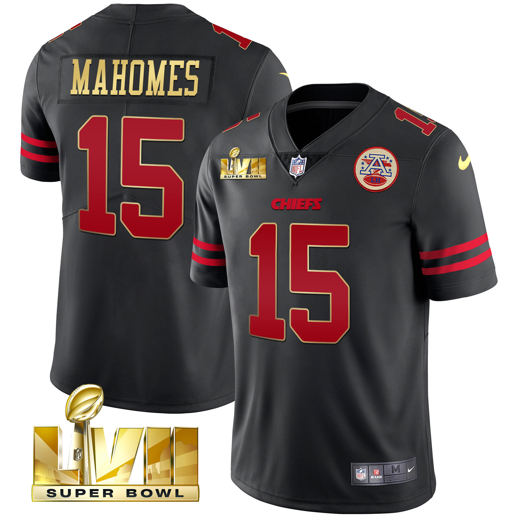 Men's Patrick Mahomes Kansas City Chiefs Super Bowl LVII Gold Trim Vapor Gold Trim Jersey - All Stitched