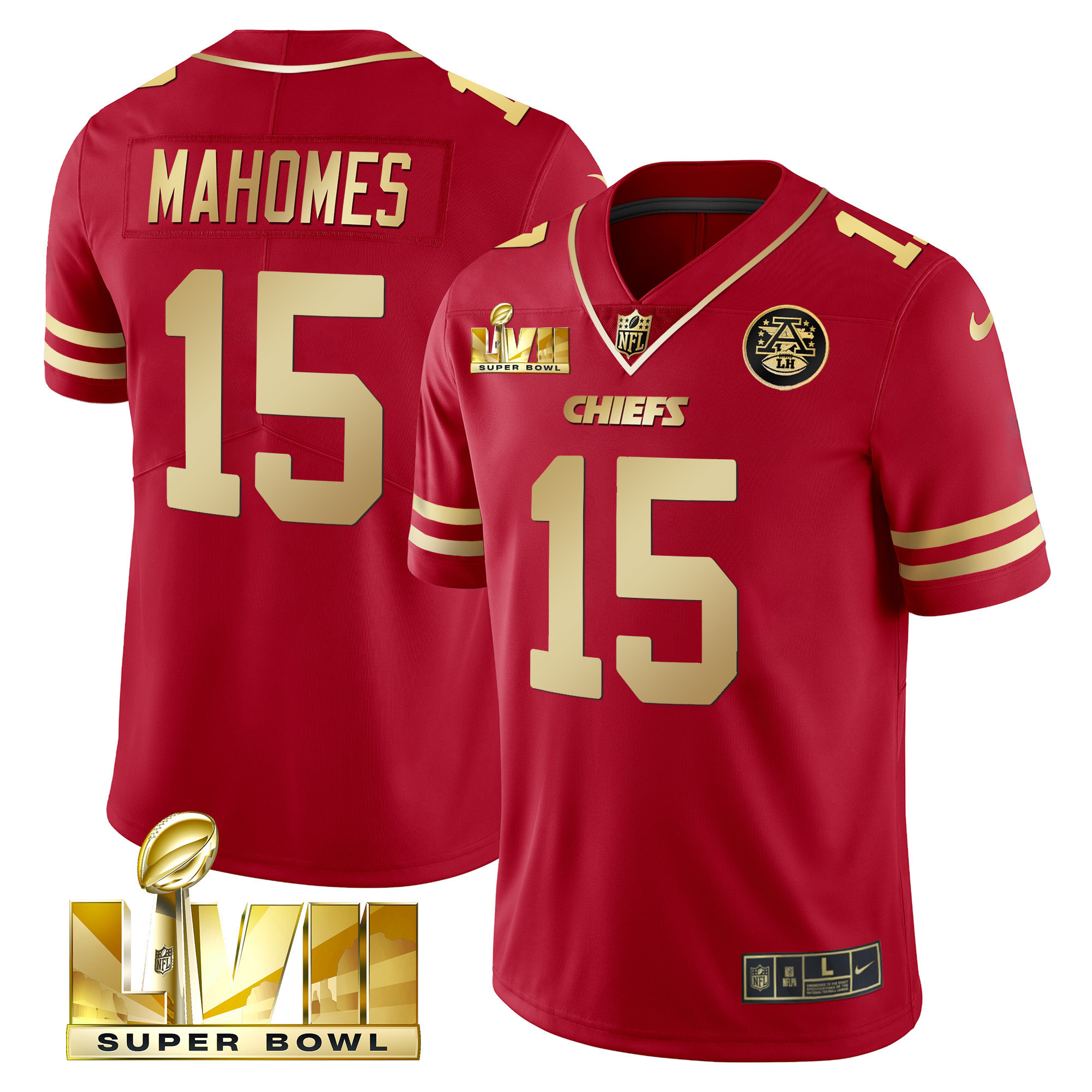 Men's Patrick Mahomes Kansas City Chiefs Super Bowl LVII Gold Trim Vapor Red Gold Jersey - All Stitched