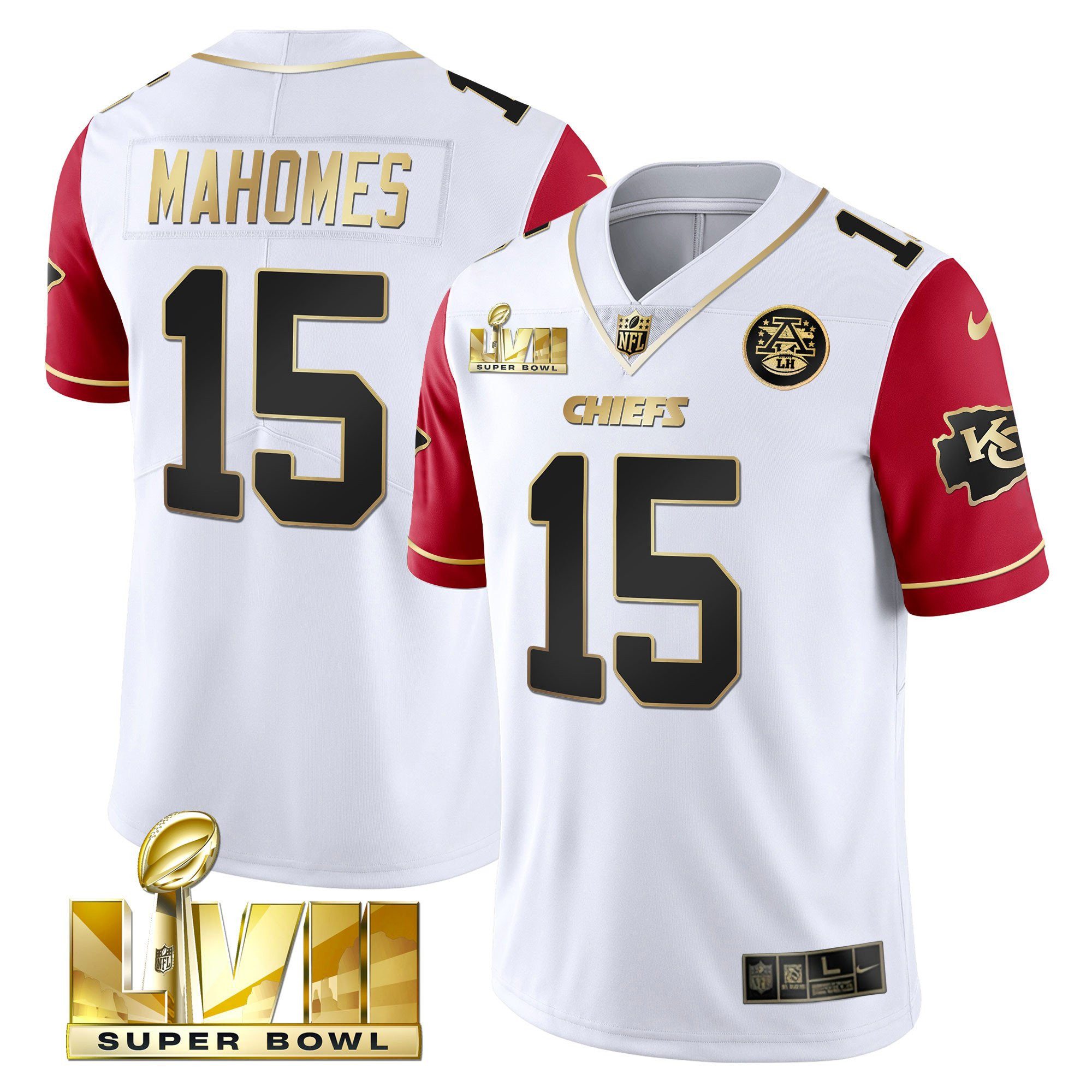 Men's Patrick Mahomes Kansas City Chiefs Super Bowl Vapor Gold Color Sleeve Jersey V2- All Stitched