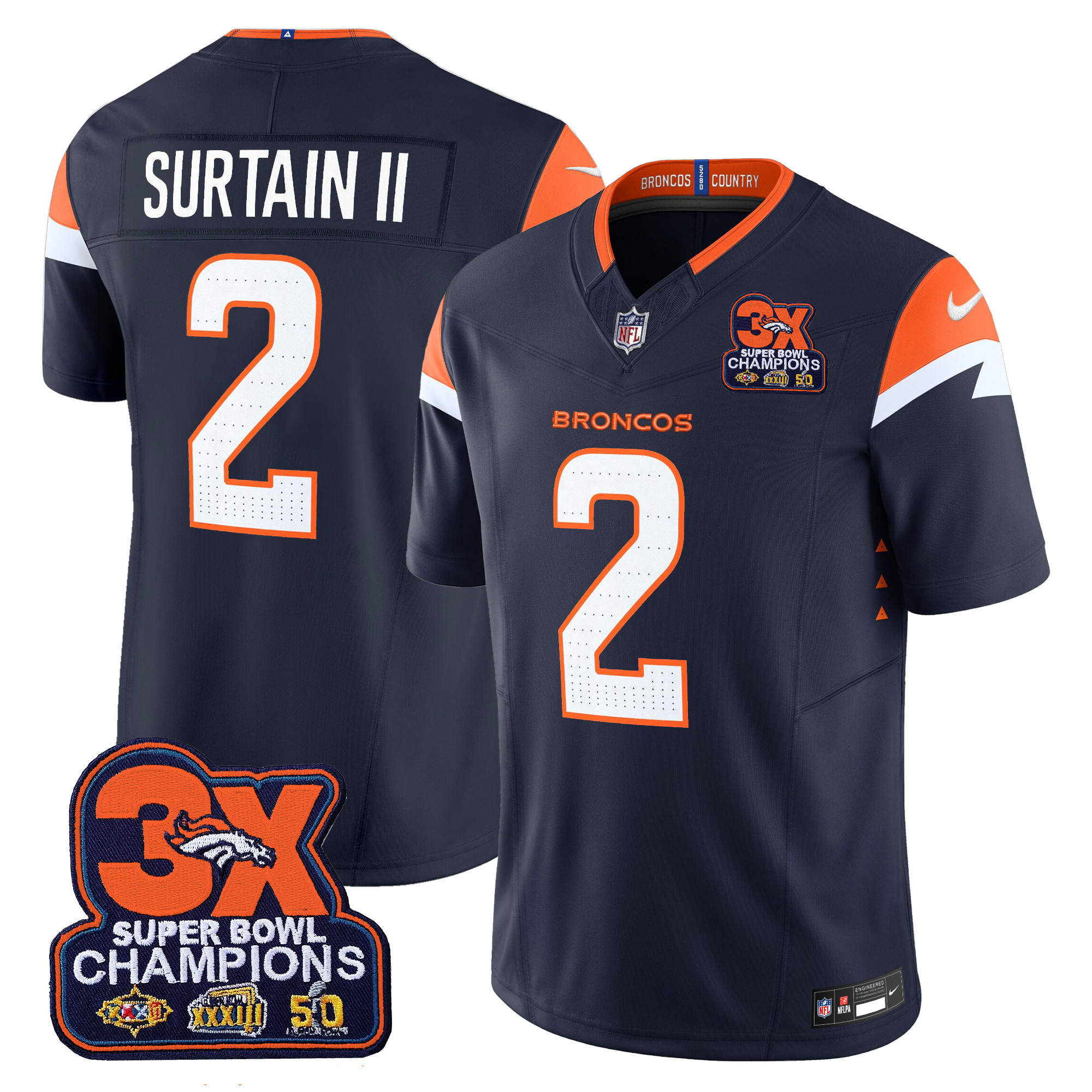 Men's Patrick Surtain II Denver Broncos 3-Time Champions Patch Vapor Limited Navy Jersey - All Stitched