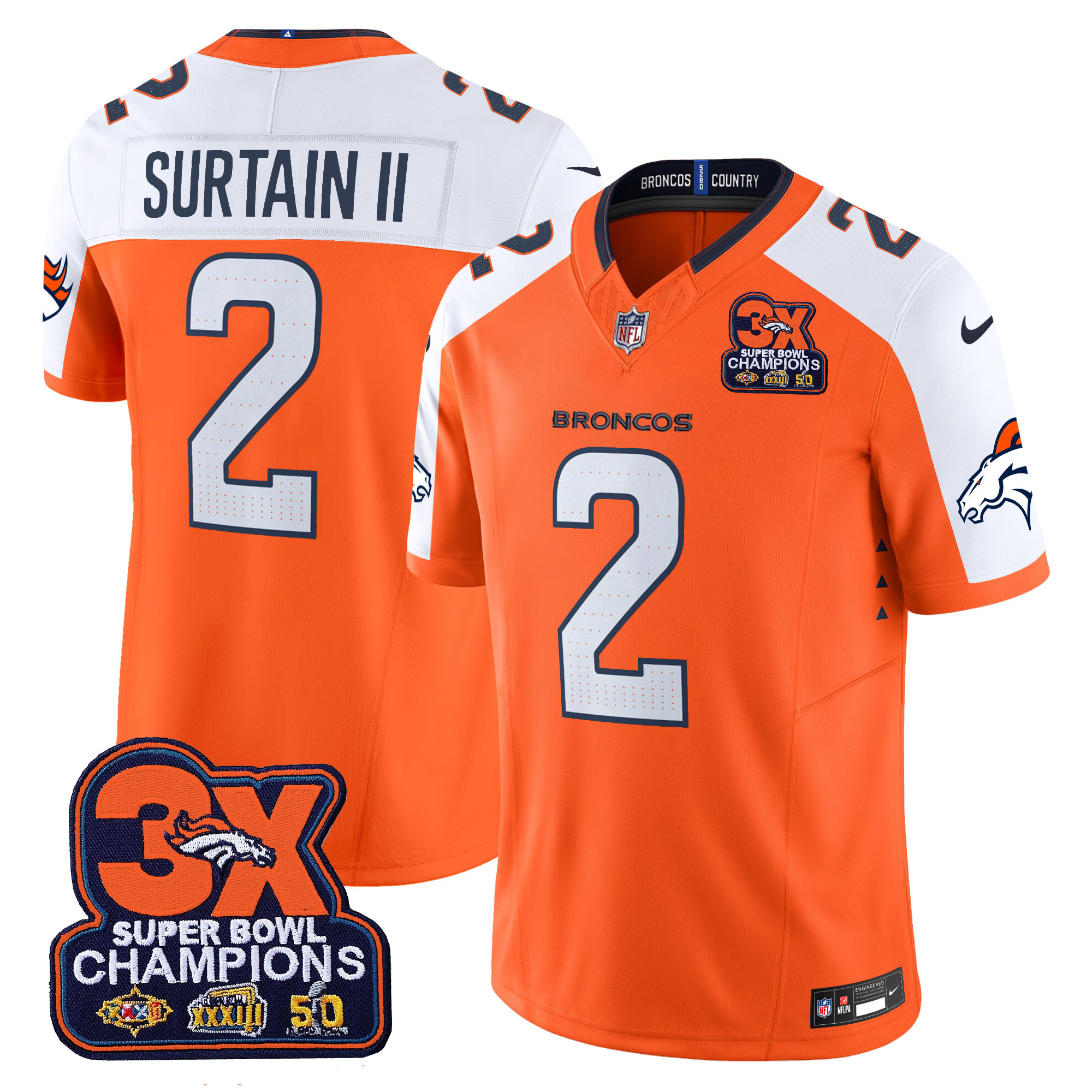 Men's Patrick Surtain II Denver Broncos 3-Time Champions Patch Vapor Limited Orange Alternate Jersey - All Stitched