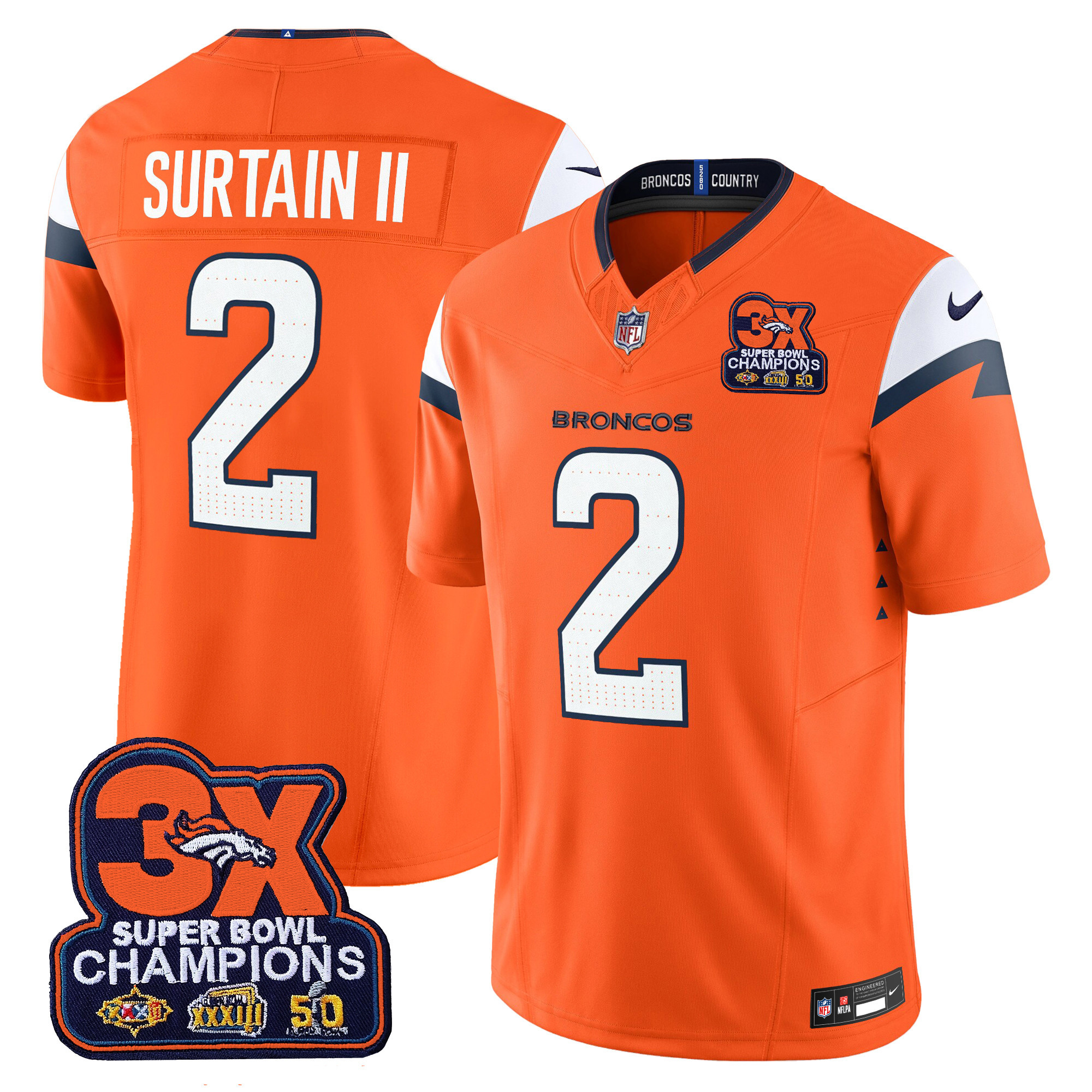 Men's Patrick Surtain II Denver Broncos 3-Time Champions Patch Vapor Limited Orange Jersey - All Stitched