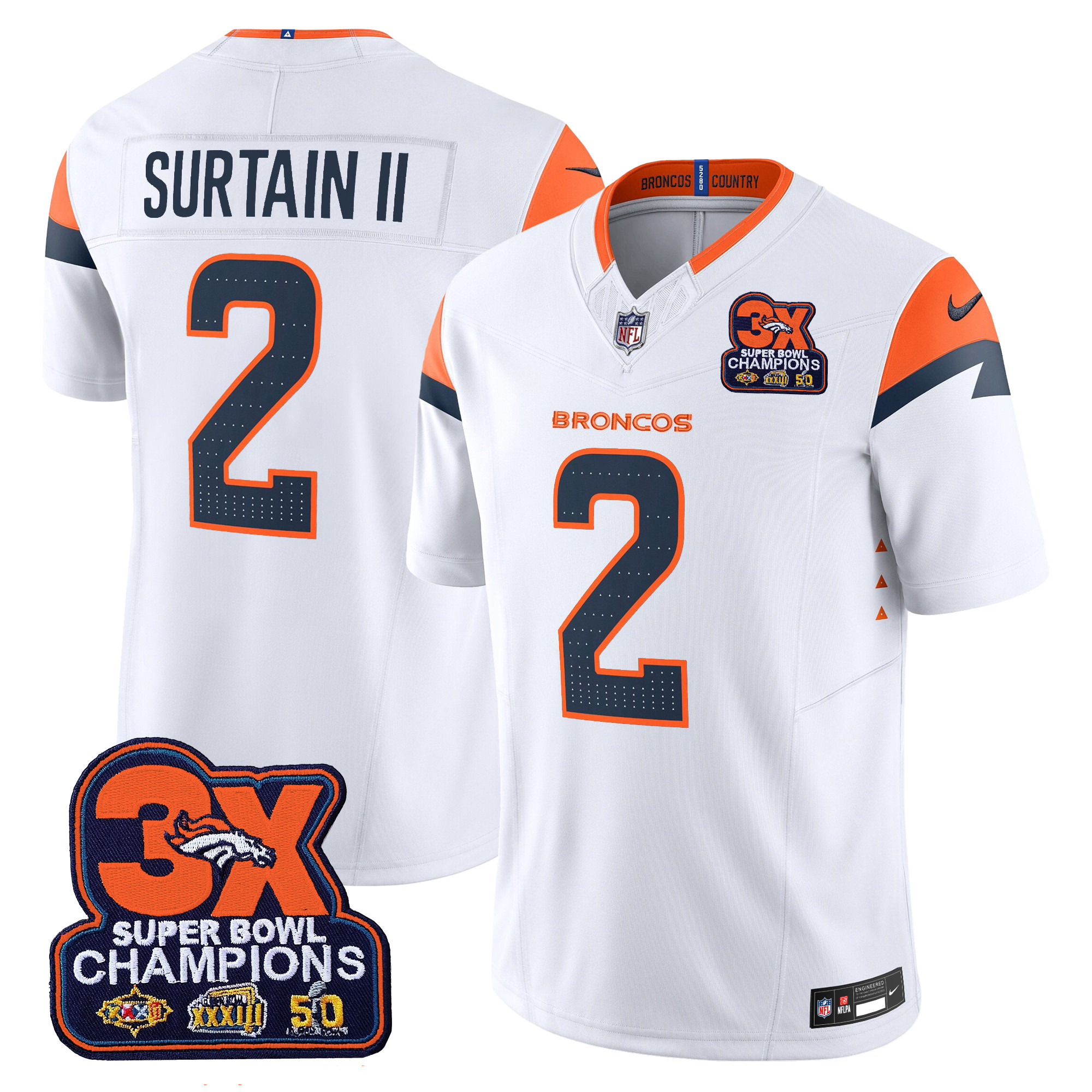 Men's Patrick Surtain II Denver Broncos 3-Time Champions Patch Vapor Limited White Jersey - All Stitched