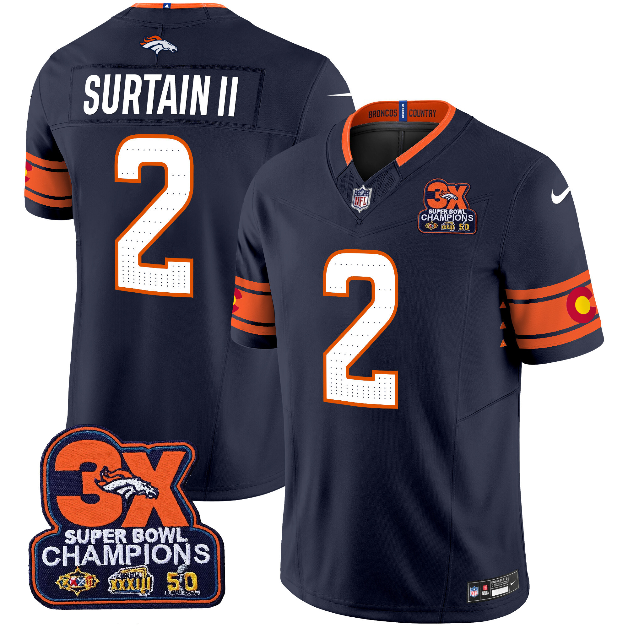 Men's Patrick Surtain II Denver Broncos 3x Patch "Colorado Flag" Vapor Limited Navy Jersey - All Stitched