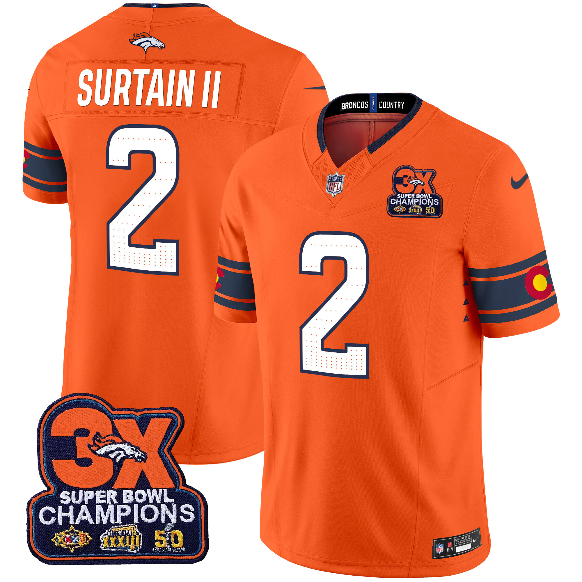 Men's Patrick Surtain II Denver Broncos 3x Patch "Colorado Flag" Vapor Limited Orange Jersey - All Stitched