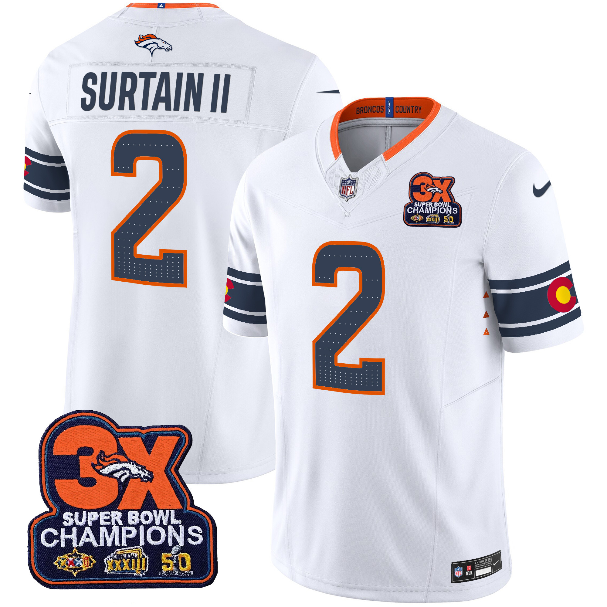Men's Patrick Surtain II Denver Broncos 3x Patch "Colorado Flag" Vapor Limited White Jersey - All Stitched