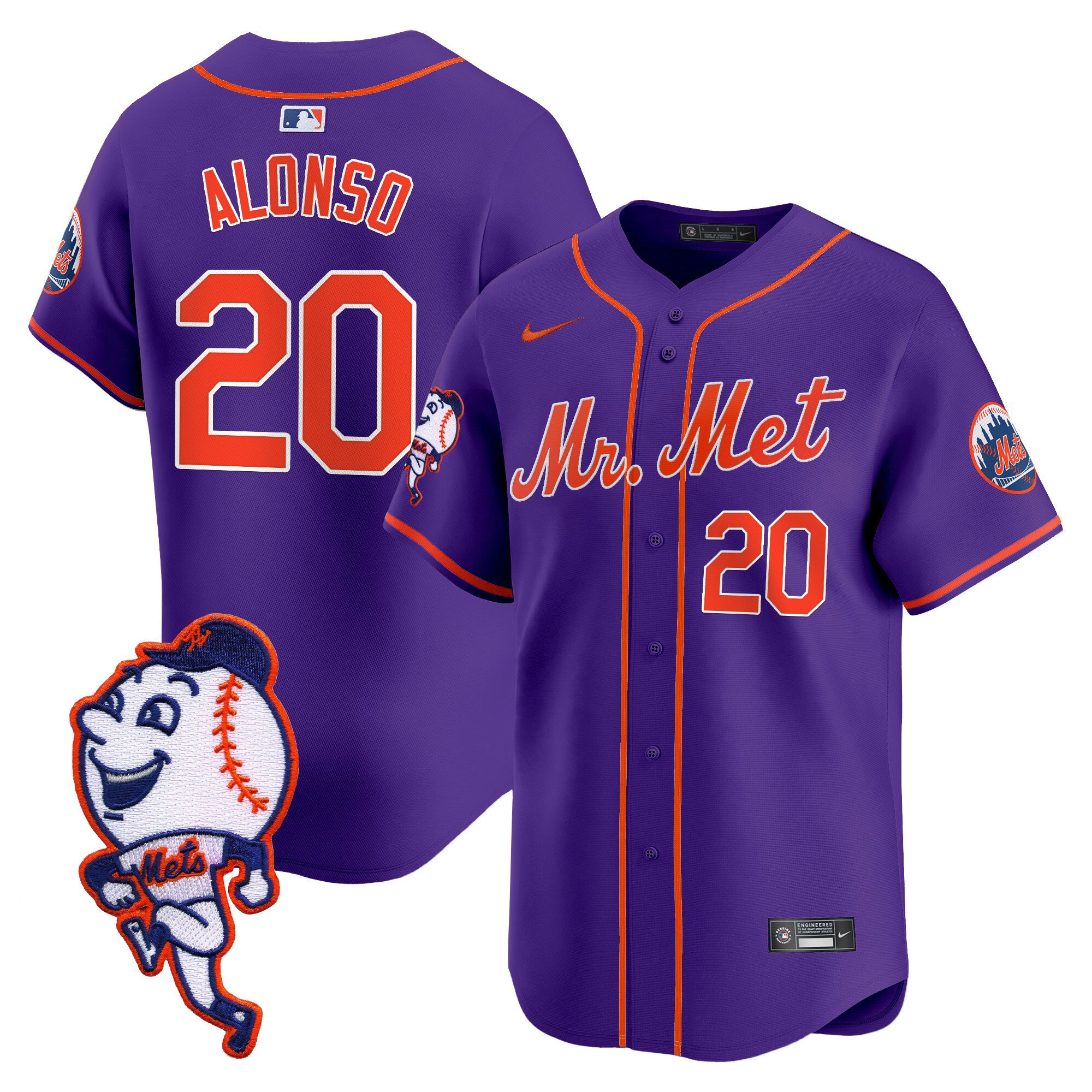 Men's Pete Alonso New York Mets Mr. Met Patch Vapor Premier Limited Purple Jersey - All Stitched
