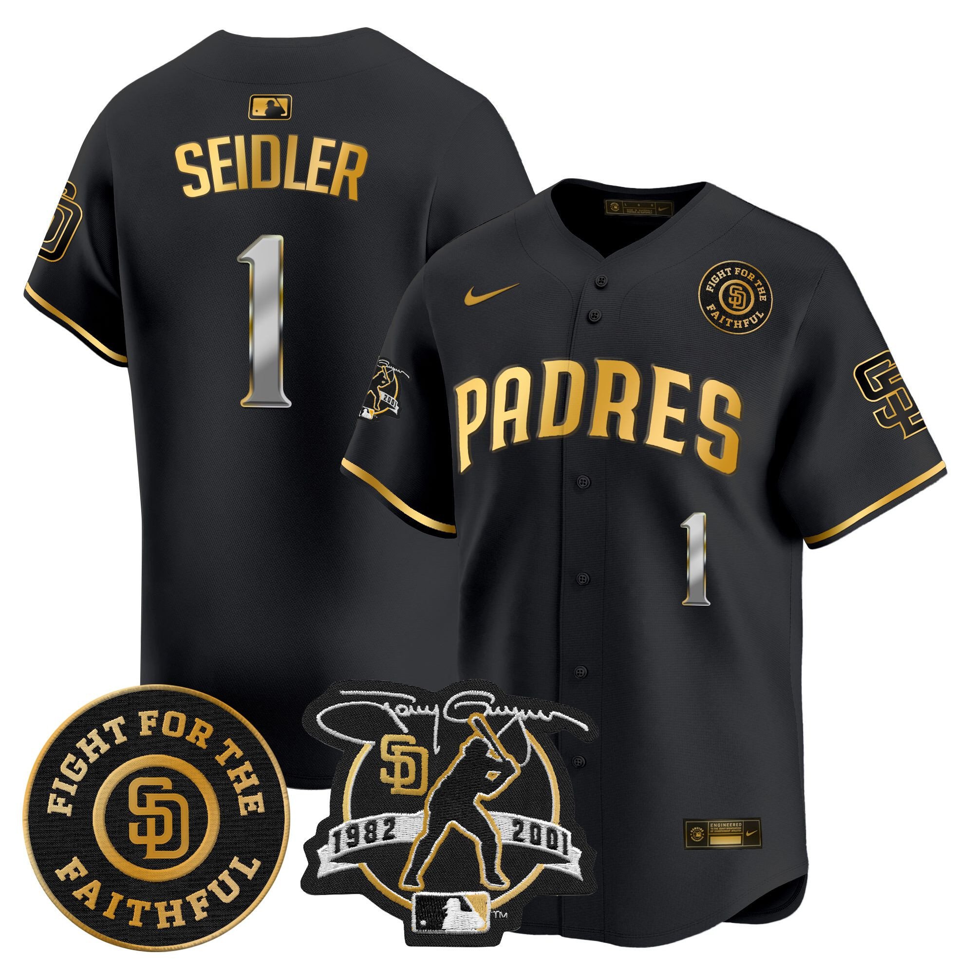 Men's Peter Seidler San Diego Padres Tony Gwynn & Faithful Patch Vapor Premier Limited Black Gold Jersey Ã± All Stitched