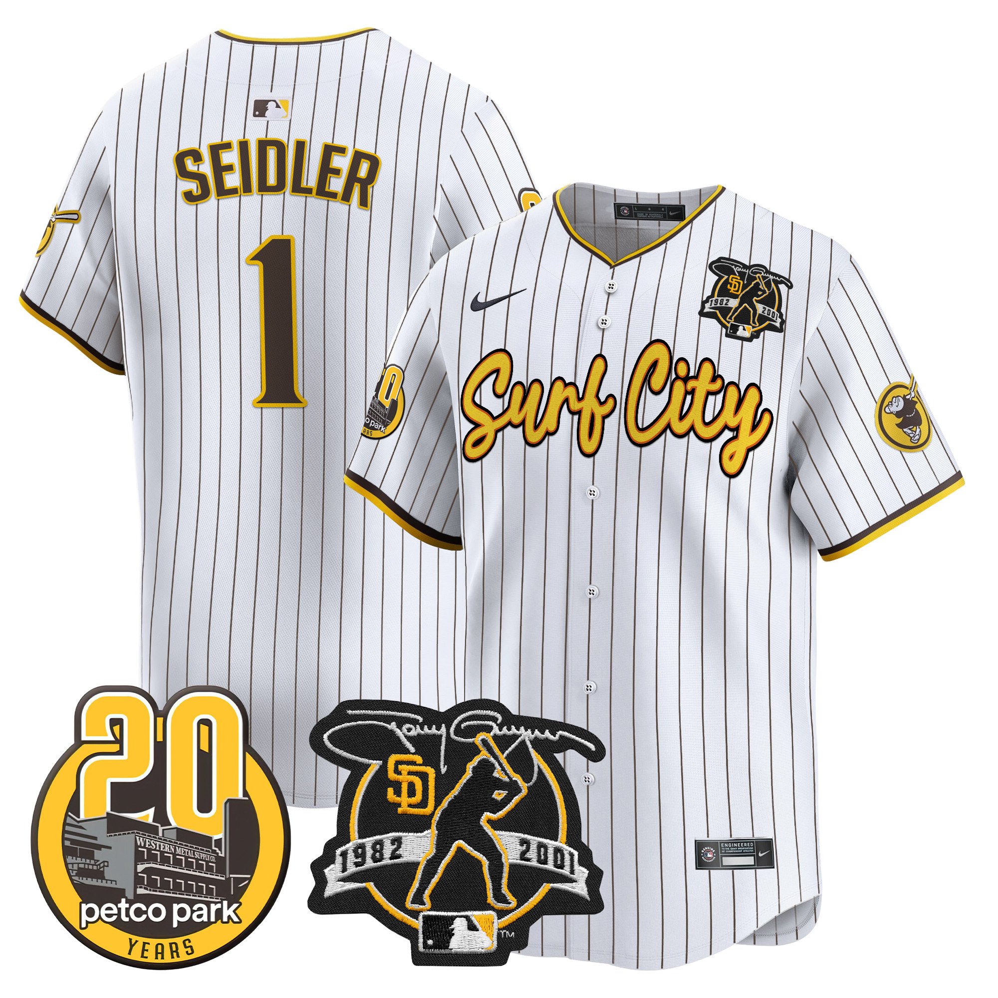 Men's Peter Seidler San Diego Padres Tony Gwynn & Petco Park 20th Patch Vapor Premier Limited Pinstripe Jersey V3 Ã± All Stitched