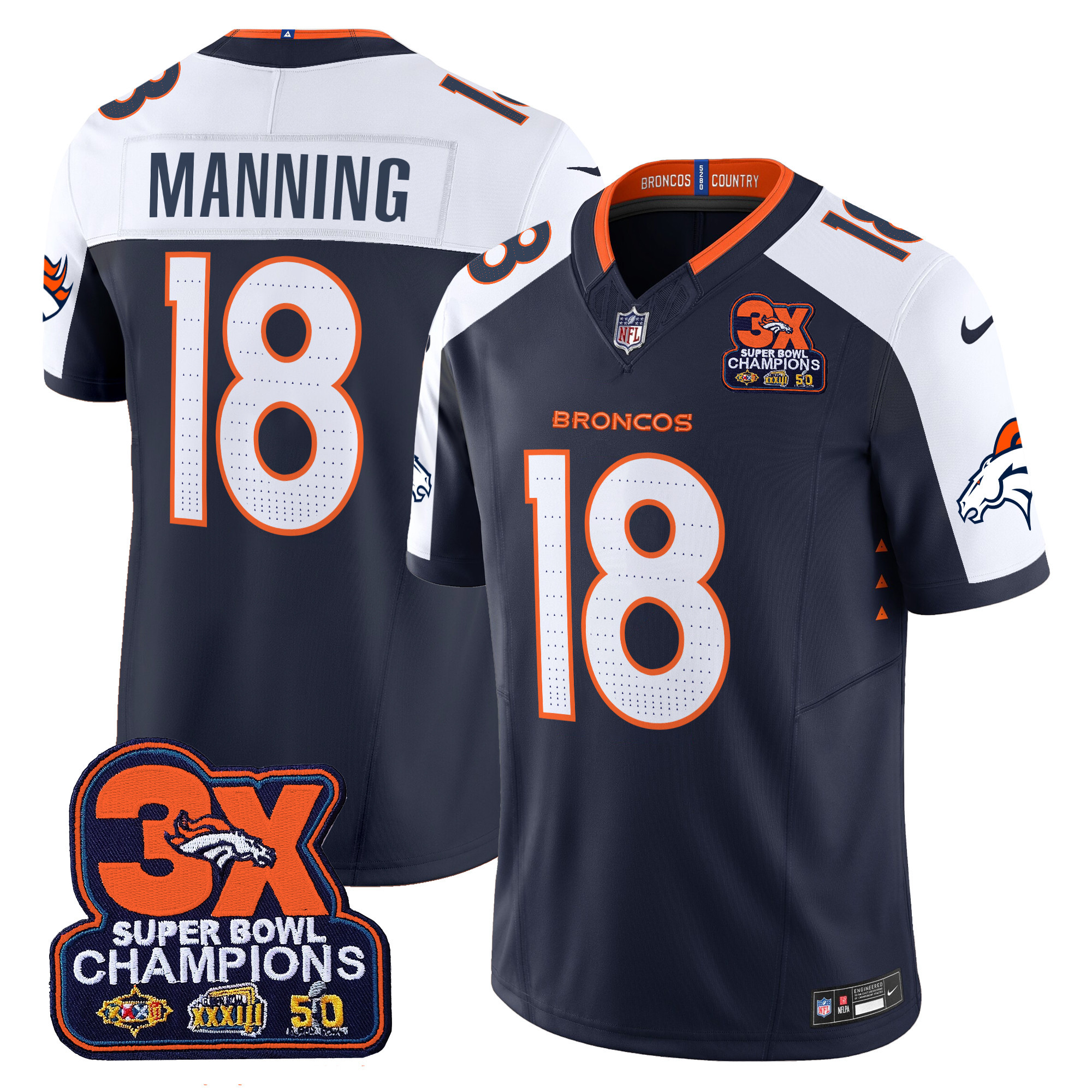 Men's Peyton Manning Denver Broncos 3-Time Champions Patch Vapor Limited Navy Alternate Jersey - All Stitched