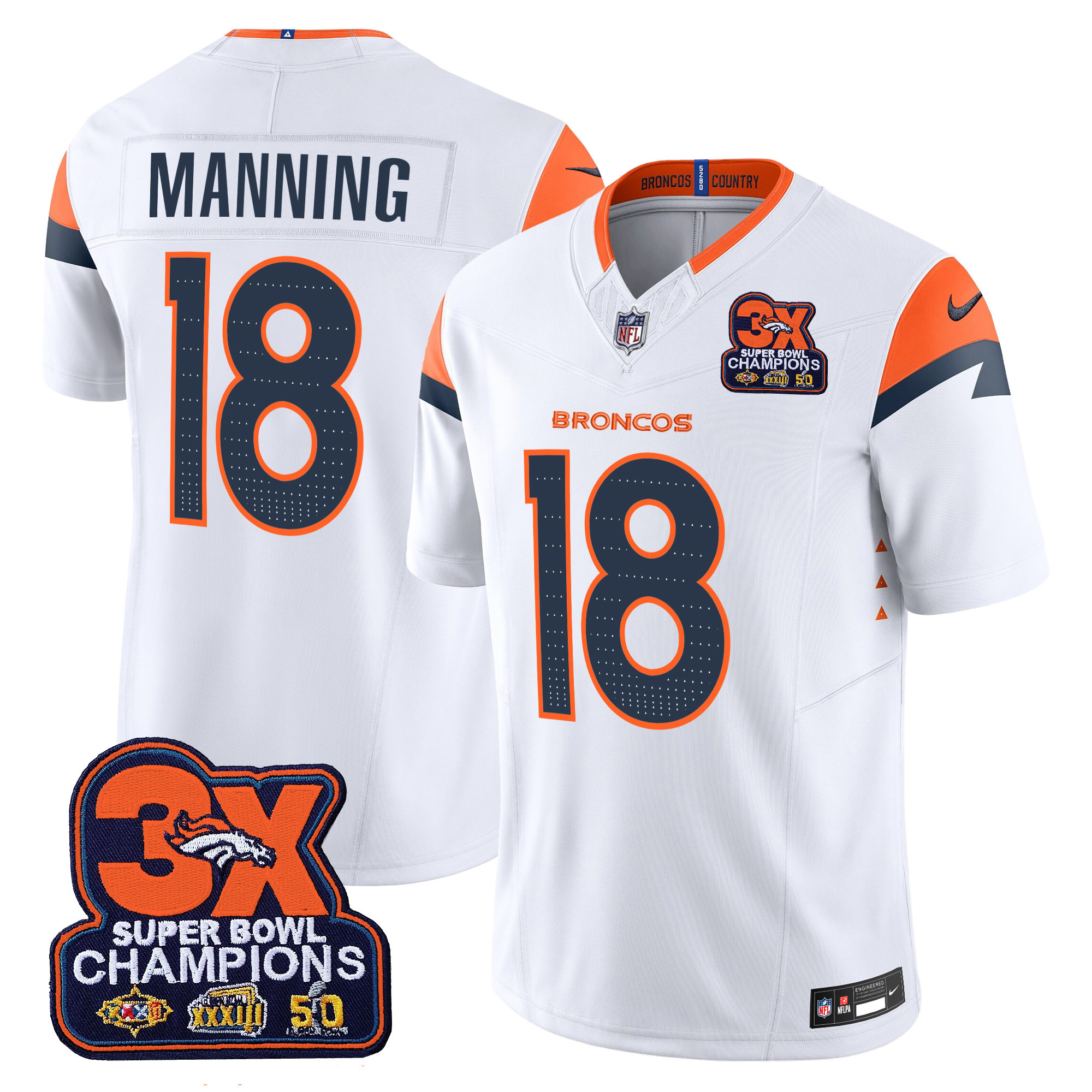 Men's Peyton Manning Denver Broncos 3-Time Champions Patch Vapor Limited White Jersey - All Stitched