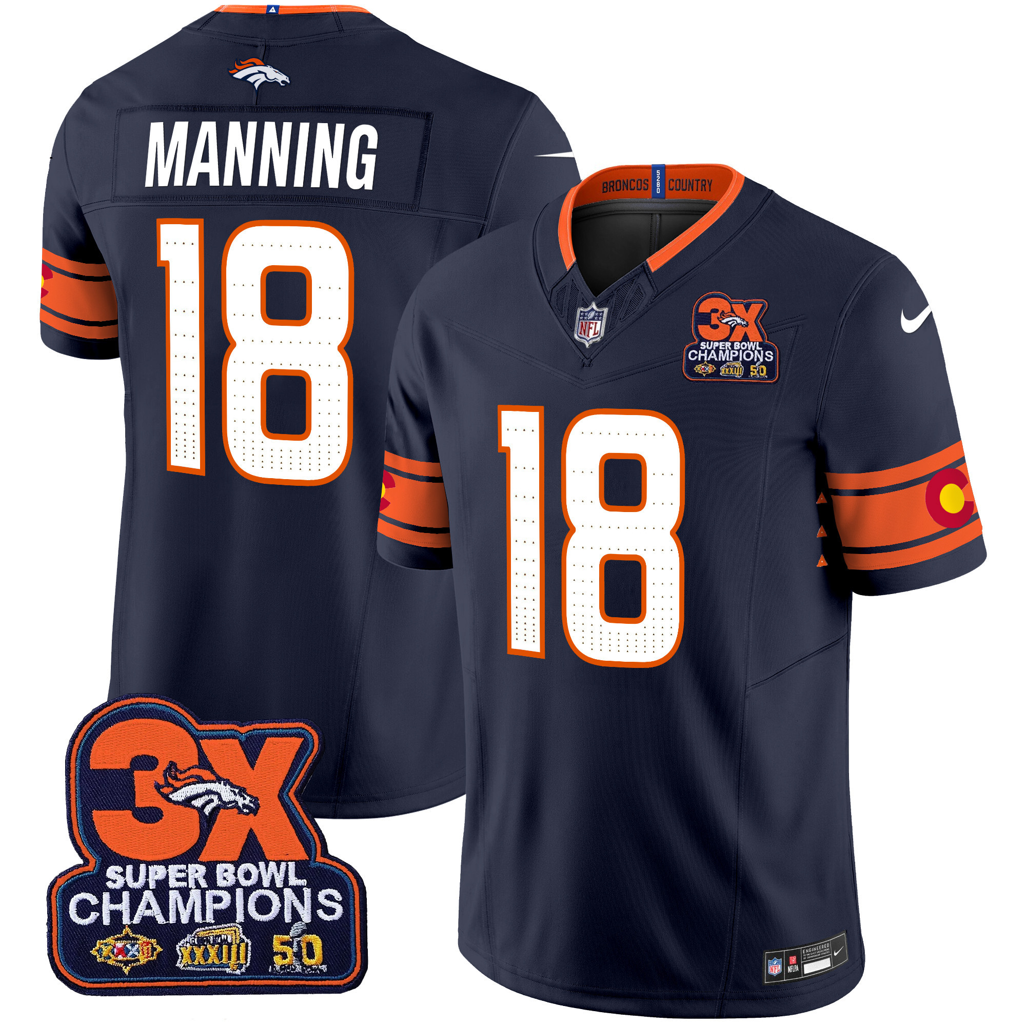 Men's Peyton Manning Denver Broncos 3x Patch "Colorado Flag" Vapor Limited Navy Jersey - All Stitched