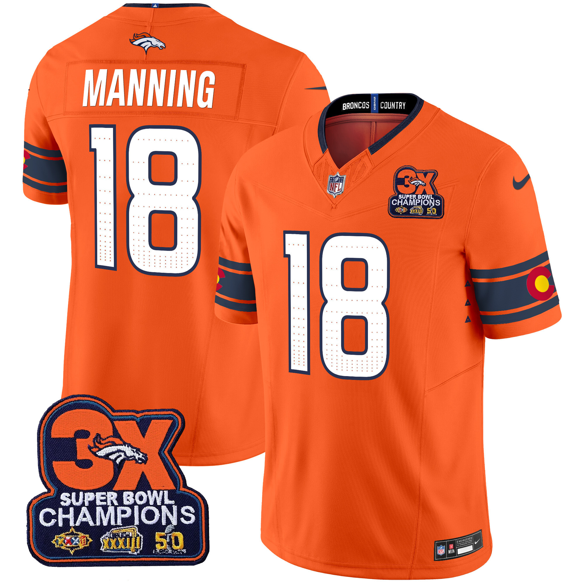 Men's Peyton Manning Denver Broncos 3x Patch "Colorado Flag" Vapor Limited Orange Jersey - All Stitched