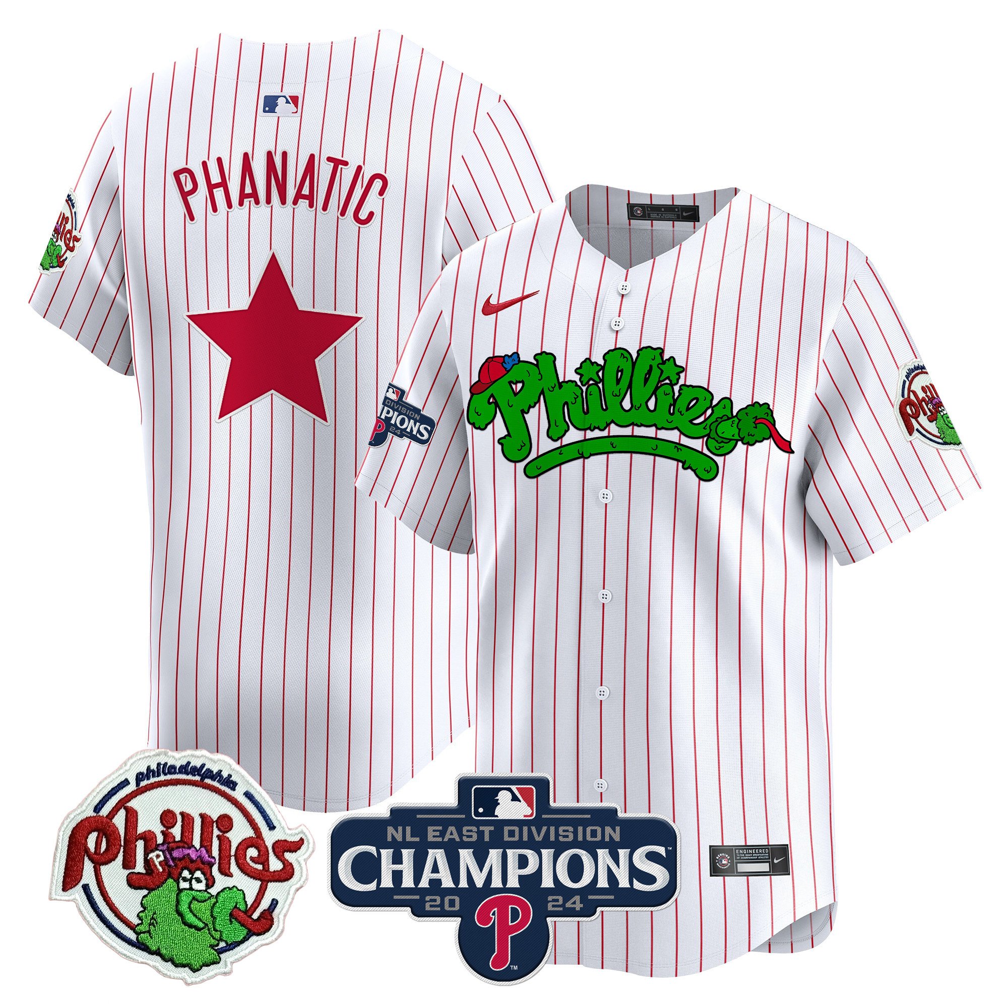 Men's Phanatic Philadelphia Phillies Phanatic 2024 NL East Division Champions Vapor Premier Limited White Pinstripe Jersey - All Stitched