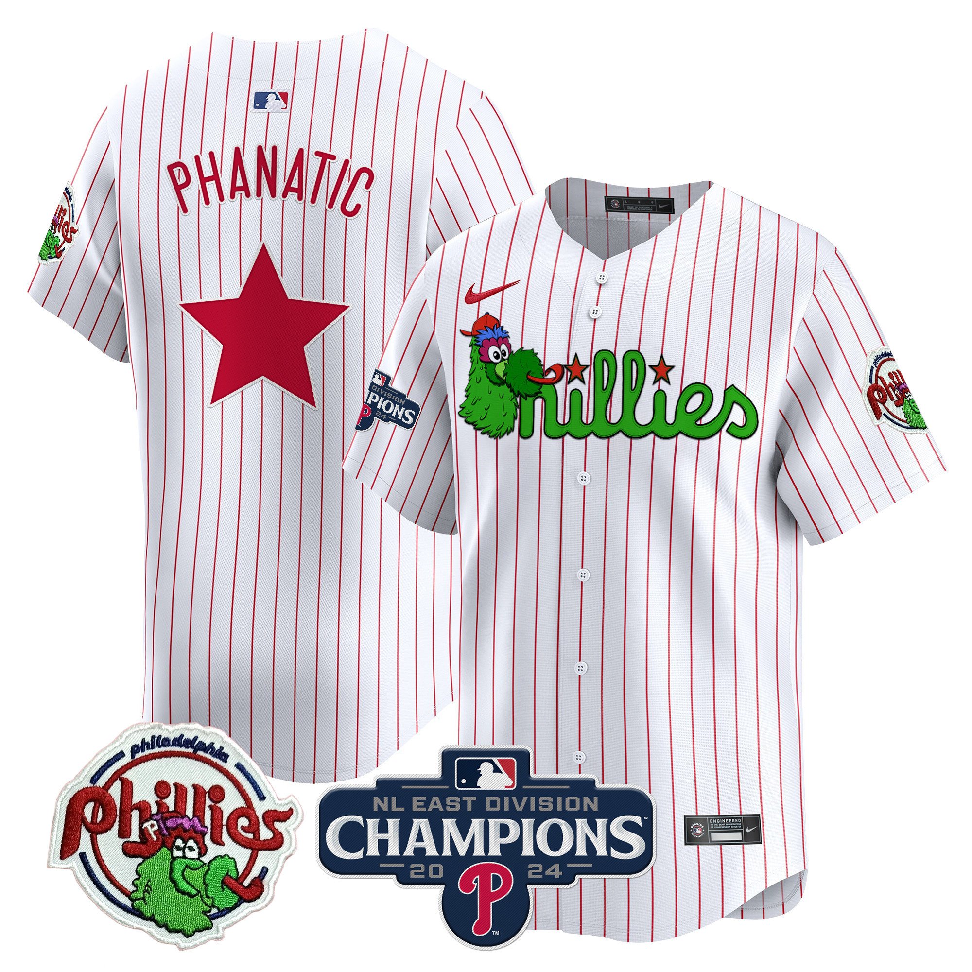 Men's Phanatic Philadelphia Phillies Phanatic 2024 NL East Division Champions Vapor Premier Limited White Pinstripe Jersey V2 - All Stitched