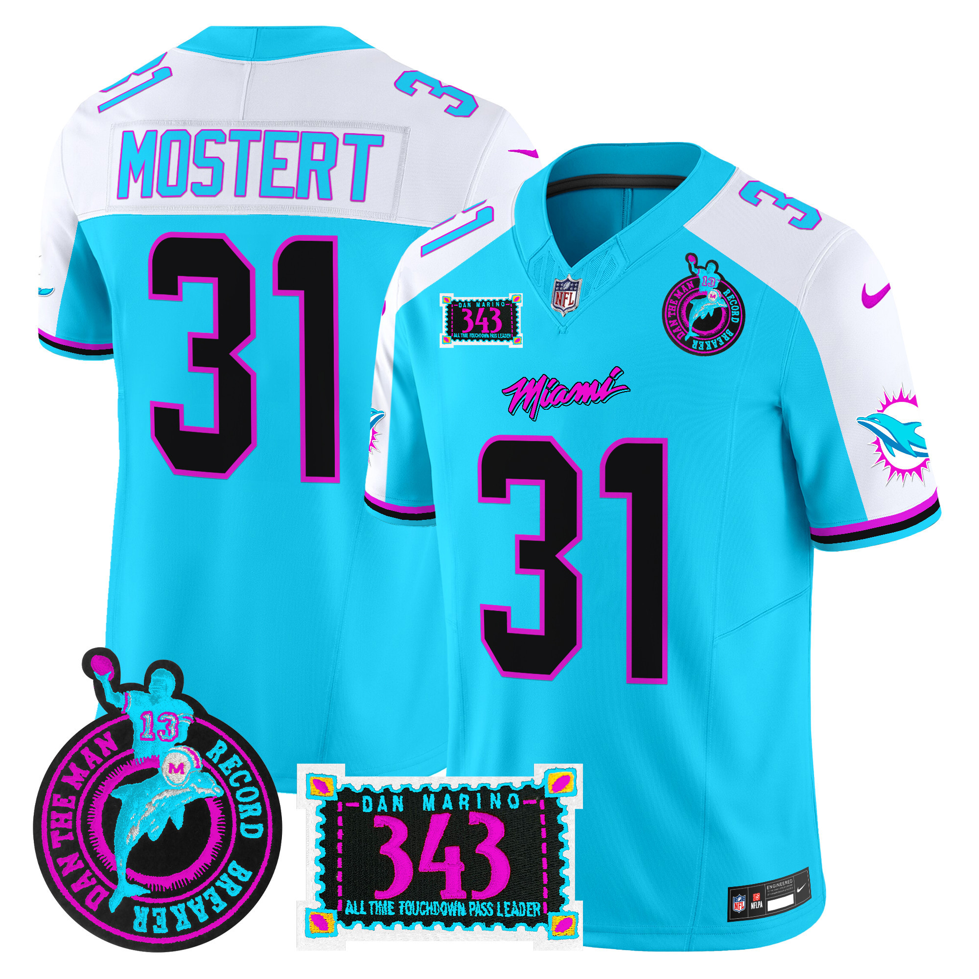 Men's Raheem Mostert Miami Dolphins "Dan the Man Record Breaker" Patch Vapor Limited Aqua Alternate Jersey - All Stitched