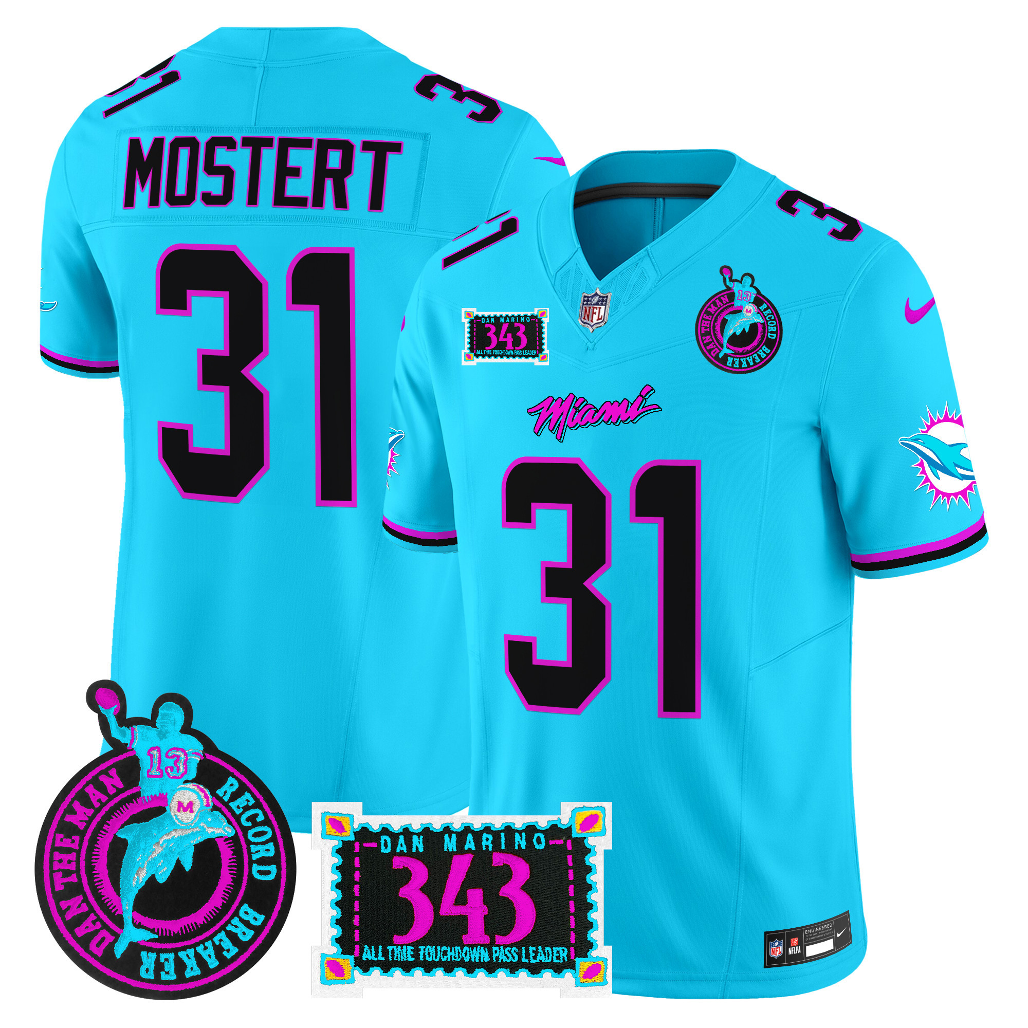 Men's Raheem Mostert Miami Dolphins "Dan the Man Record Breaker" Patch Vapor Limited Aqua Jersey - All Stitched