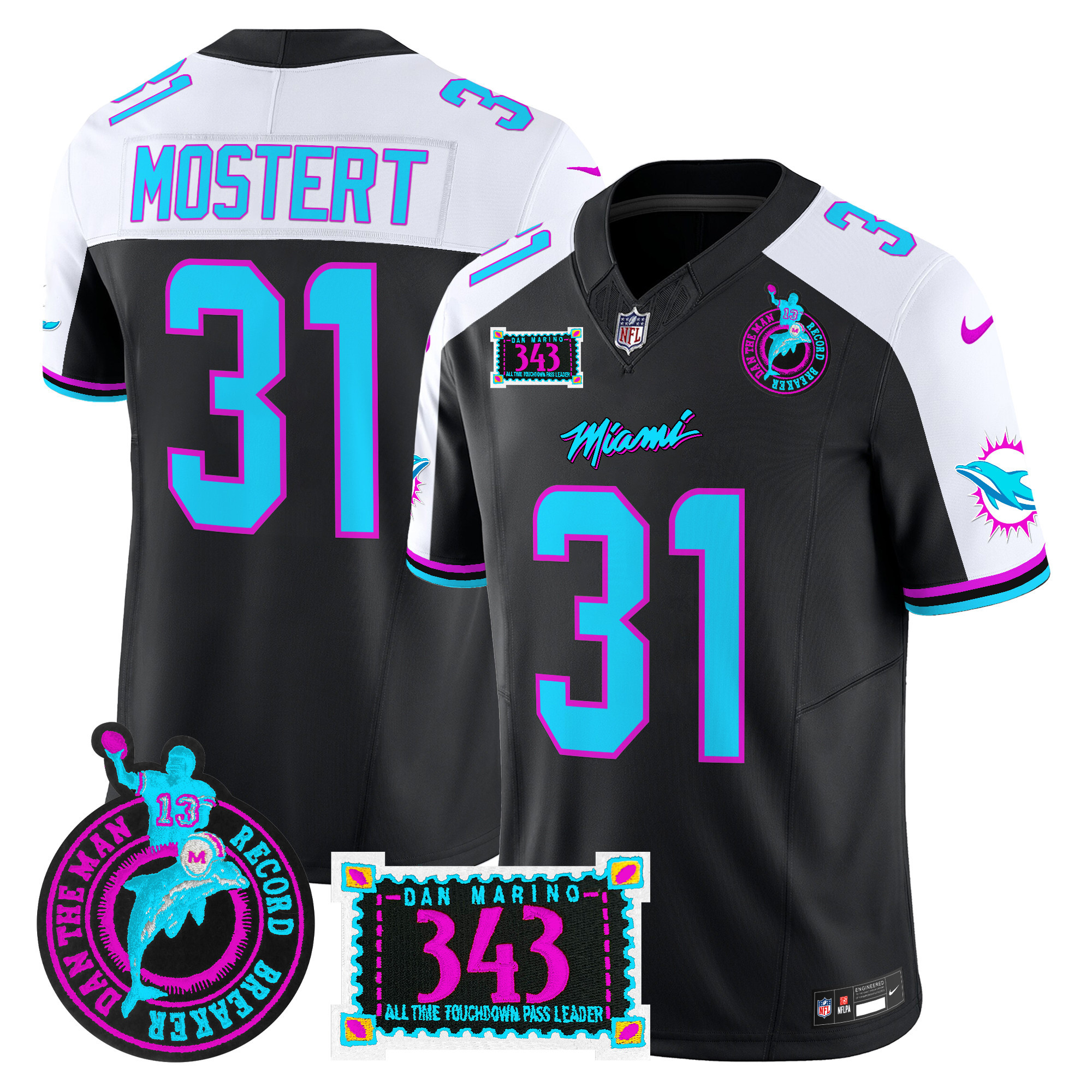 Men's Raheem Mostert Miami Dolphins "Dan the Man Record Breaker" Patch Vapor Limited Black Alternate Jersey - All Stitched