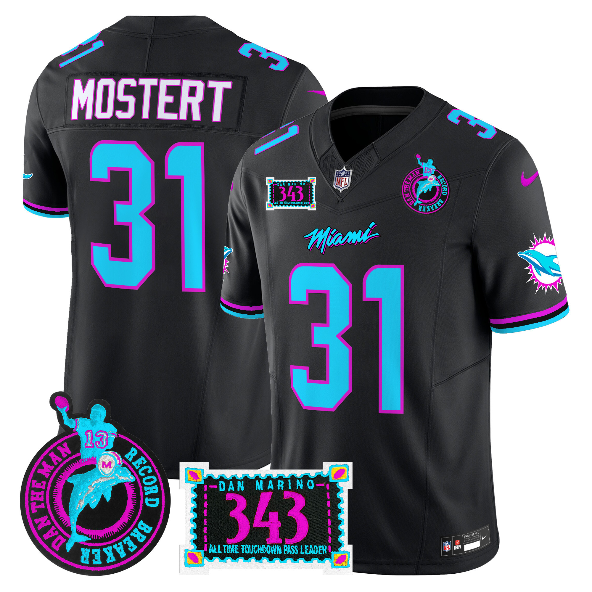 Men's Raheem Mostert Miami Dolphins "Dan the Man Record Breaker" Patch Vapor Limited Black Jersey - All Stitched