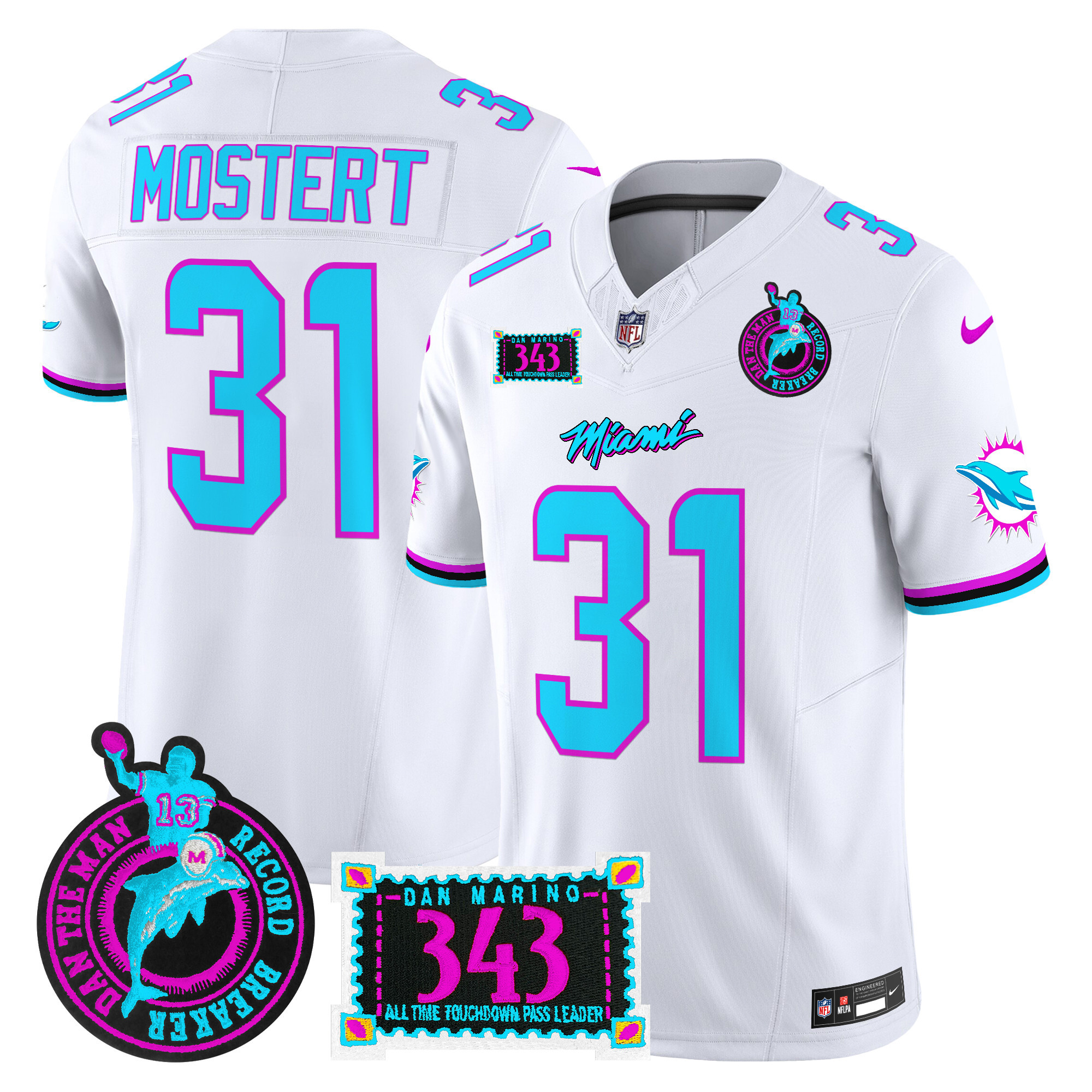 Men's Raheem Mostert Miami Dolphins "Dan the Man Record Breaker" Patch Vapor Limited White Jersey - All Stitched