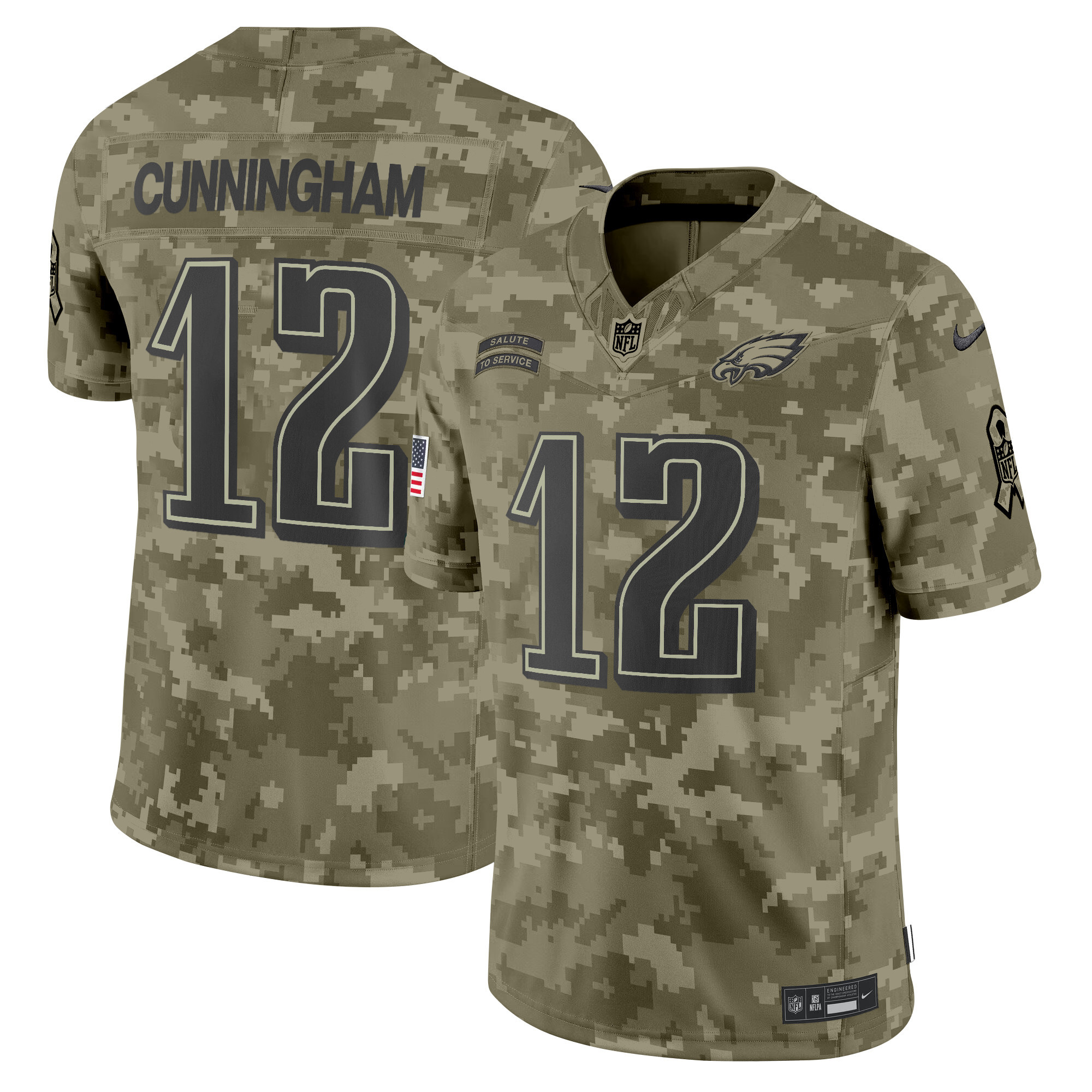 Men's Randall Cunningham Philadelphia Eagles 2024 Salute to Service Vapor Limited Olive Camo Jersey - All Stitched