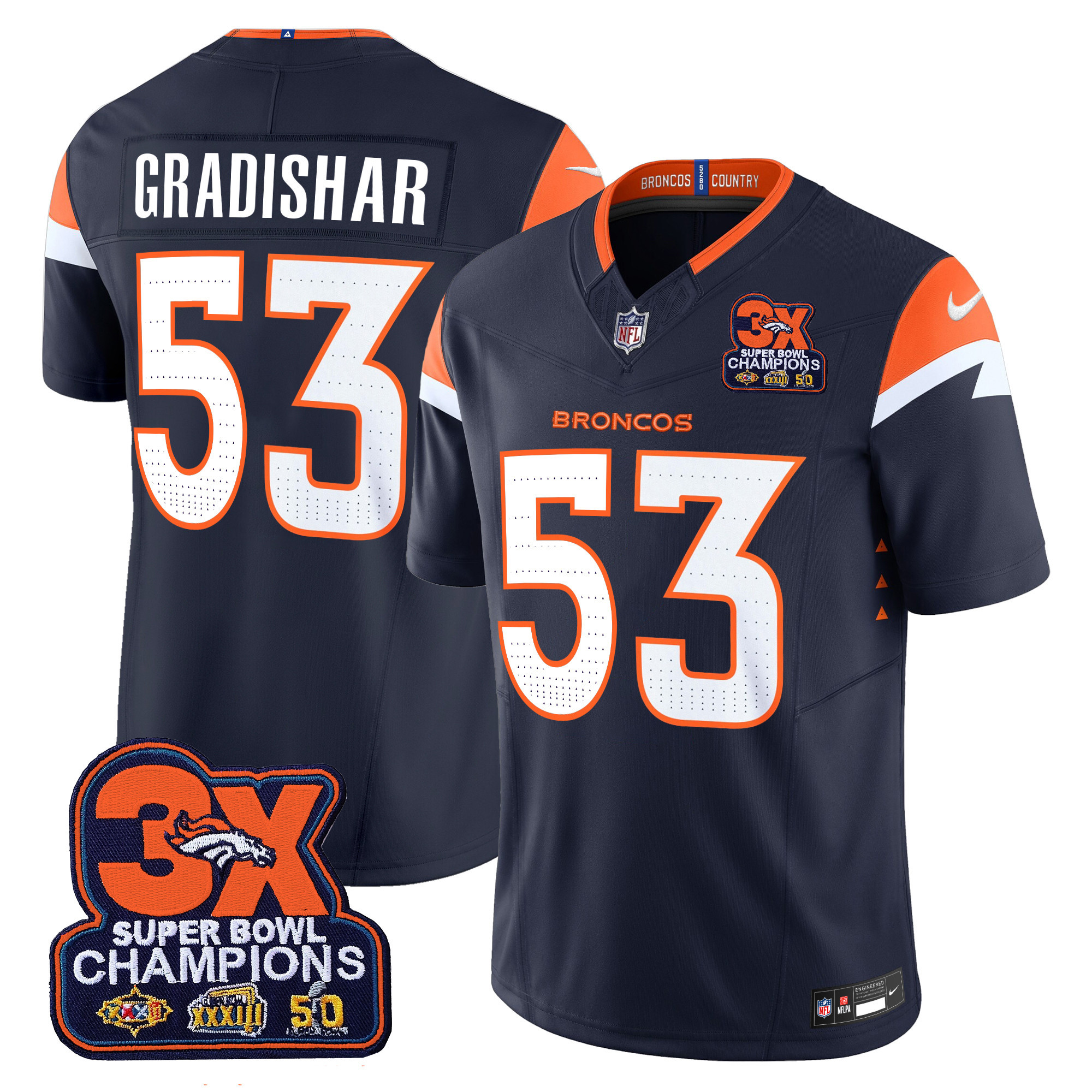 Men's Randy Gradishar Denver Broncos 3-Time Champions Patch Vapor Limited Navy Jersey - All Stitched