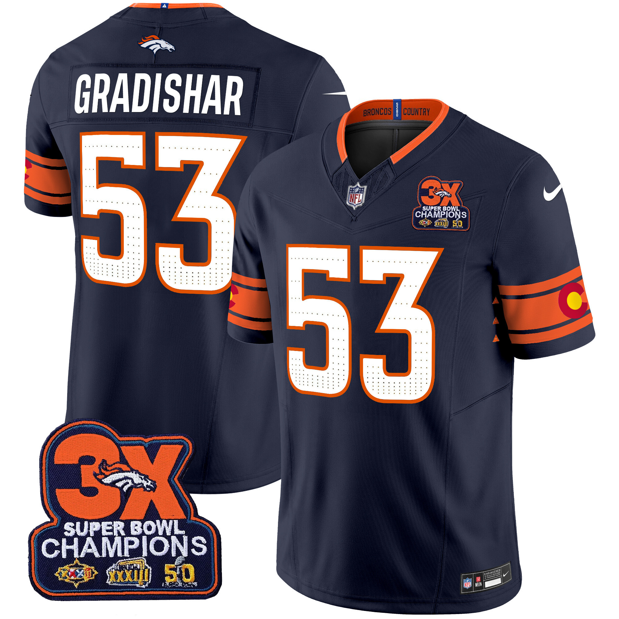Men's Randy Gradishar Denver Broncos 3x Patch "Colorado Flag" Vapor Limited Navy Jersey - All Stitched