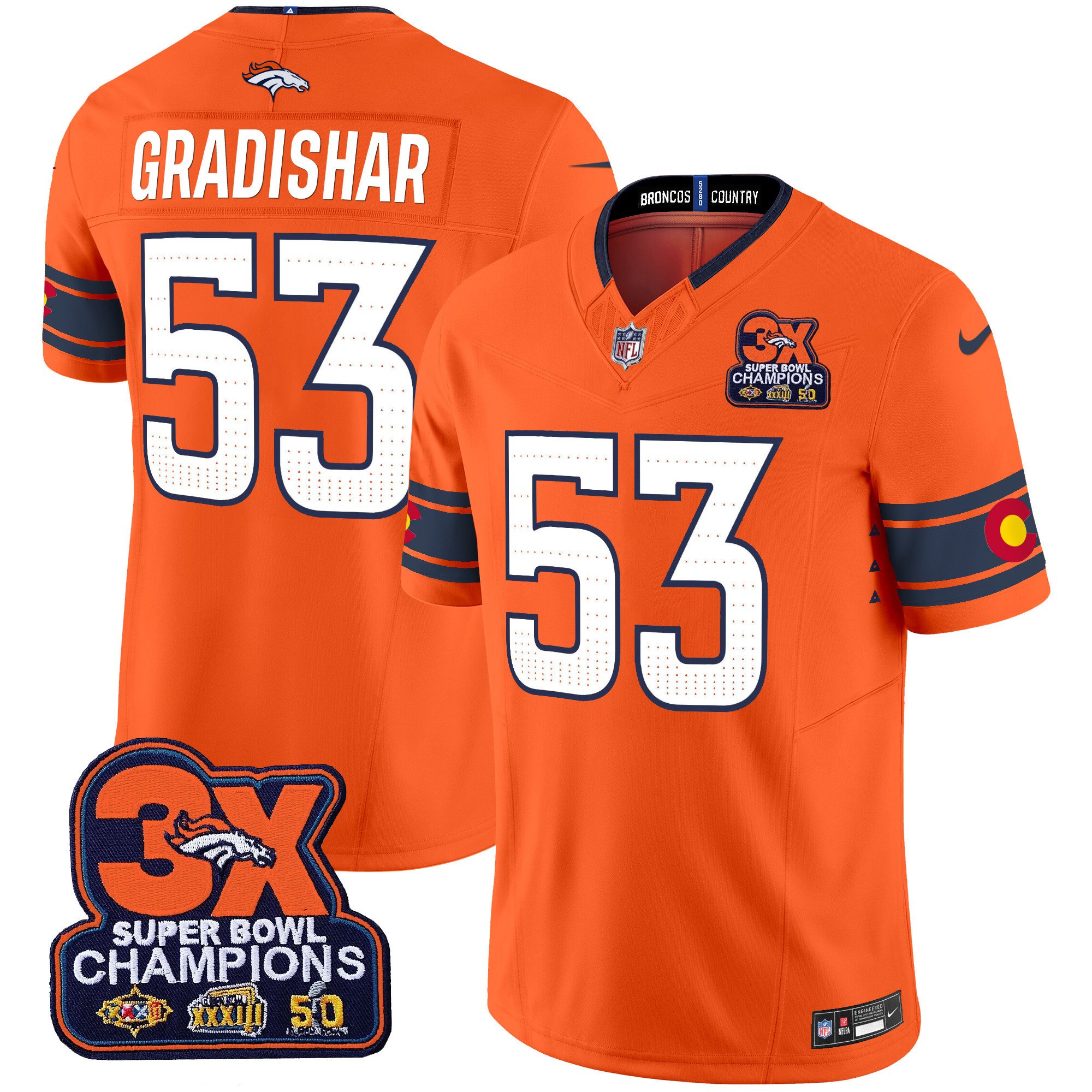Men's Randy Gradishar Denver Broncos 3x Patch "Colorado Flag" Vapor Limited Orange Jersey - All Stitched
