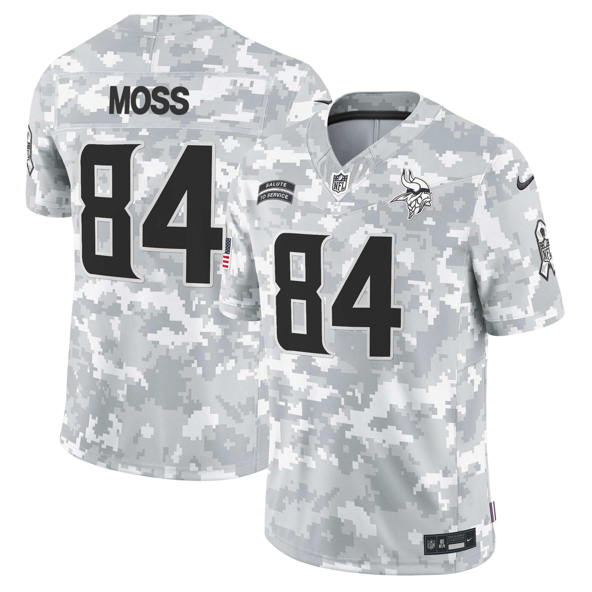 Men's Randy Moss Minnesota Vikings 2024 Salute to Service Vapor Limited Arctic Camo Jersey - All Stitched