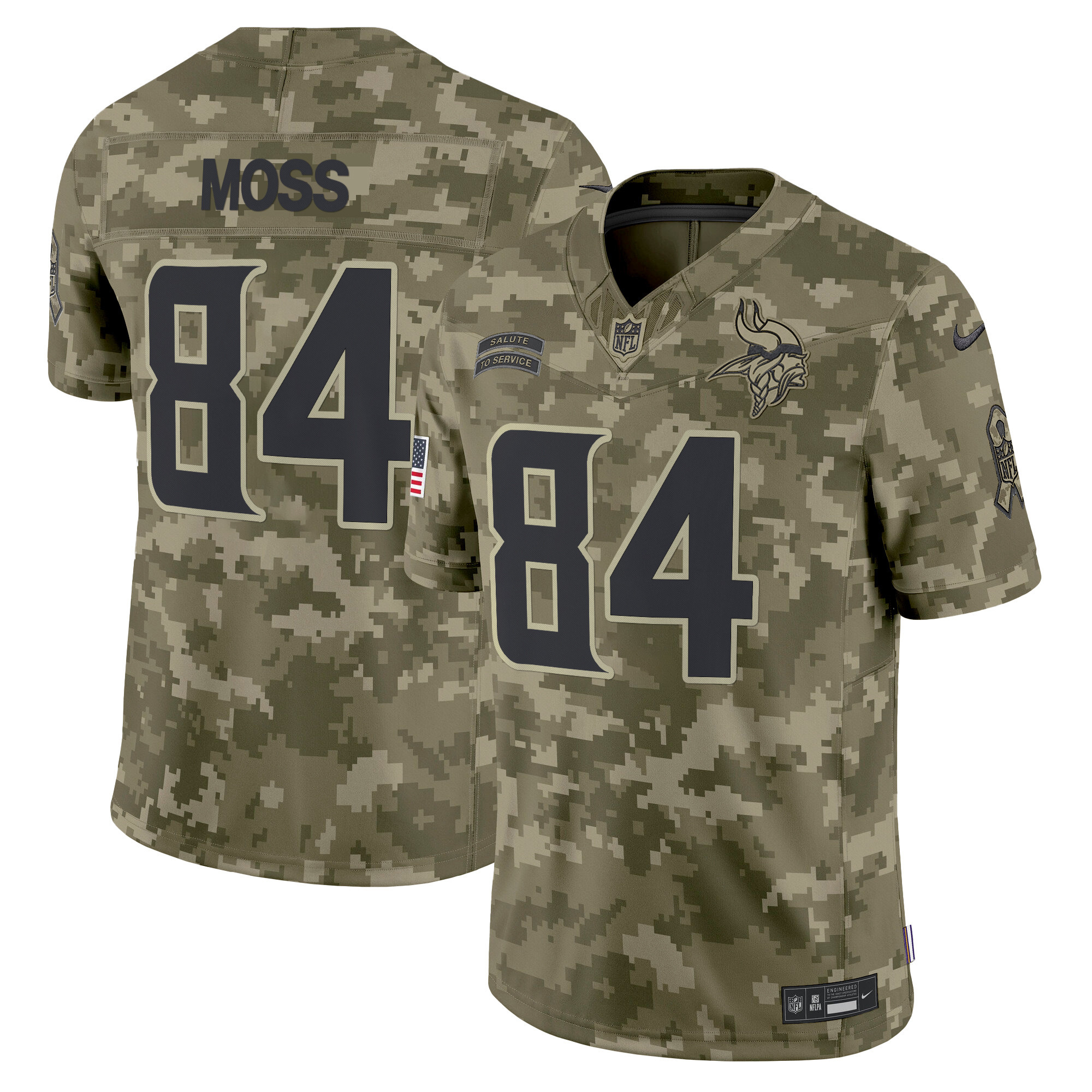 Men's Randy Moss Minnesota Vikings 2024 Salute to Service Vapor Limited Olive Camo Jersey - All Stitched