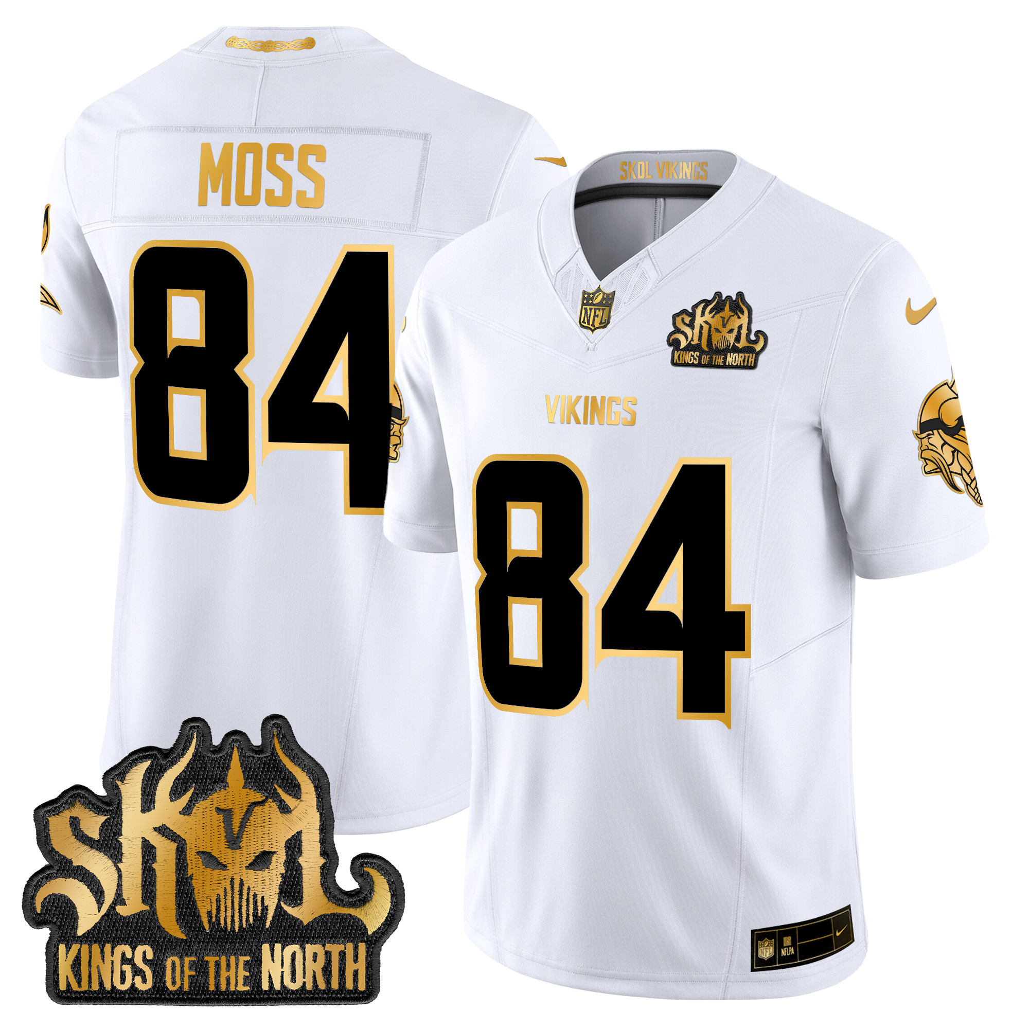 Men's Randy Moss Minnesota Vikings 2024 Winter Warrior Skol Patch Gold Vapor Limited White Gold Jersey - All Stitched