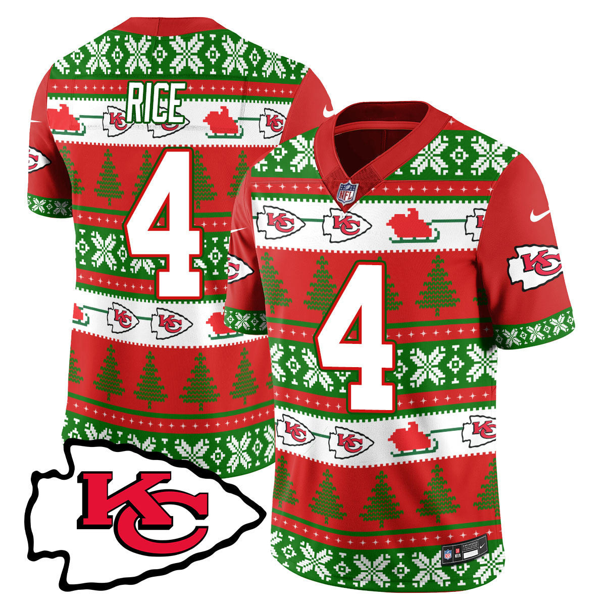 Men's Rashee Rice Kansas City Chiefs 2024 Christmas Vapor Limited Red Green Jersey - Printed