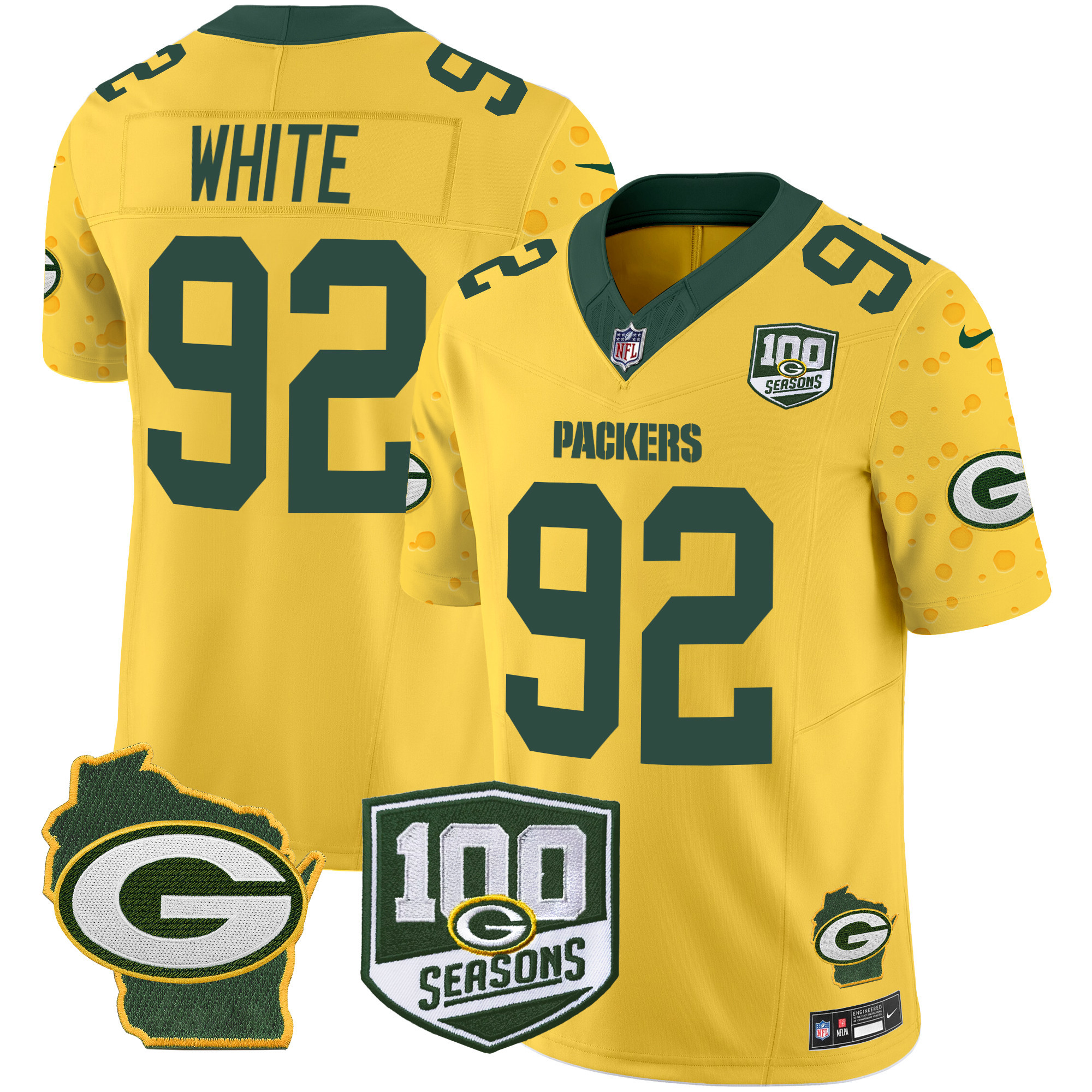 Men's Reggie White Green Bay Packers 100th Season & Home Patch Cheese Vapor Limited Gold Jersey â€“ All Stitched