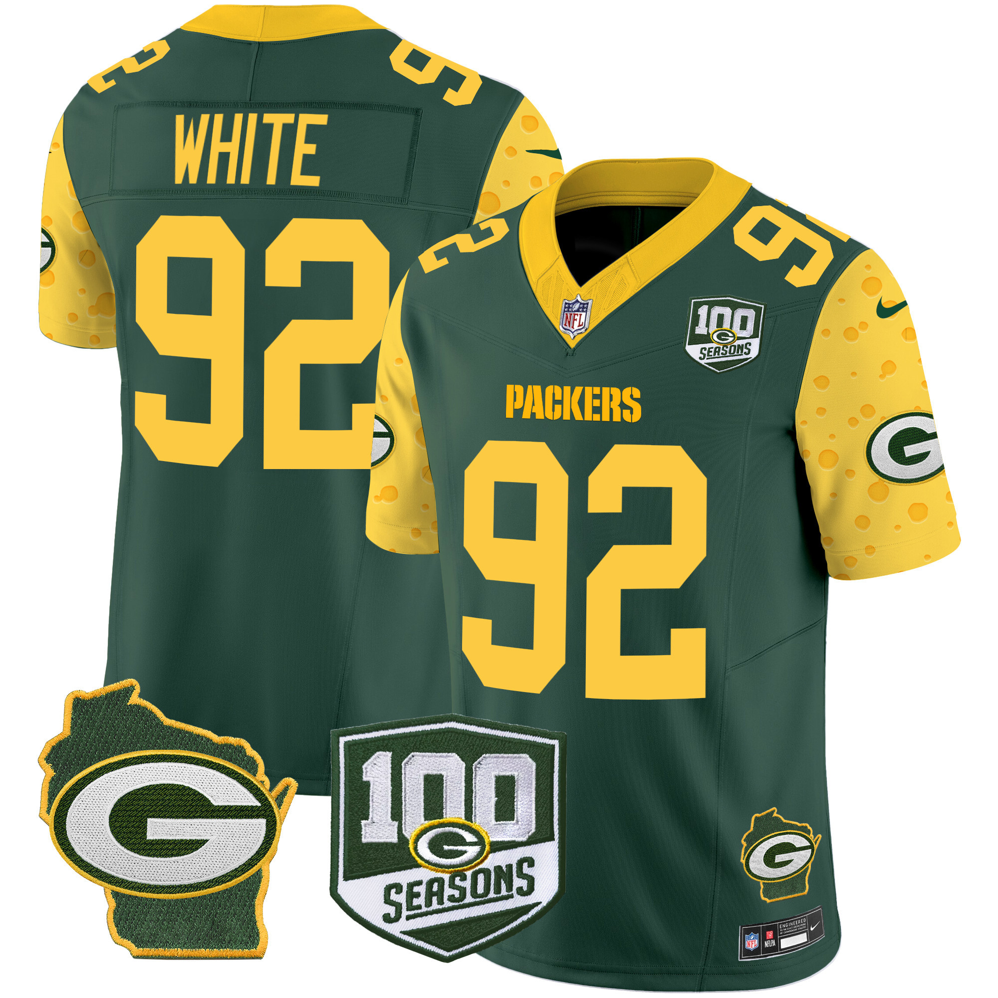 Men's Reggie White Green Bay Packers 100th Season & Home Patch Cheese Vapor Limited Green Jersey â€“ All Stitched